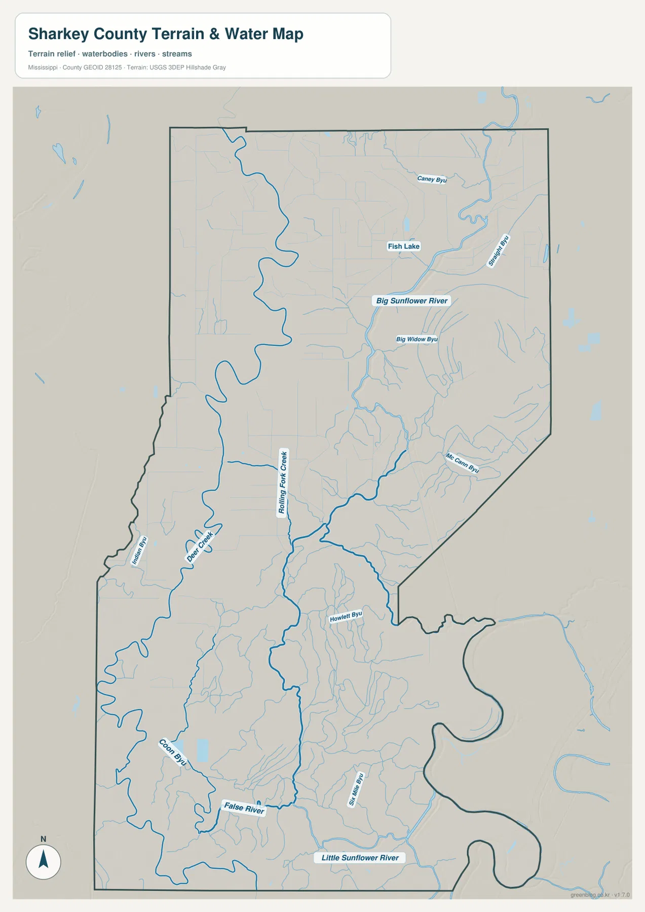 Sharkey County water map showing Big Sunflower River, Little Sunflower River, Rolling Fork Creek, Deer Creek, and bayous