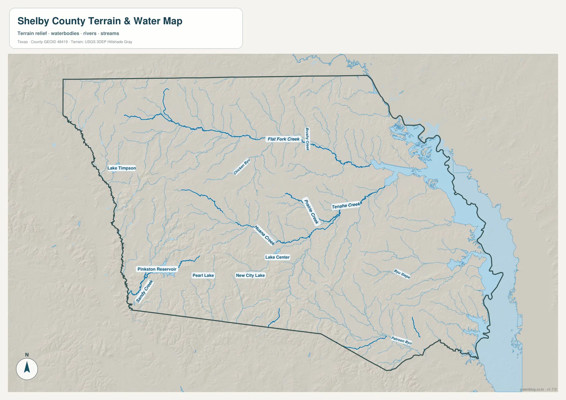 Shelby County 수역 지도에 표시된 Flat Fork Creek, Tenaha Creek, Prairie Creek, Lake Timpson과 Pinkston Reservoir