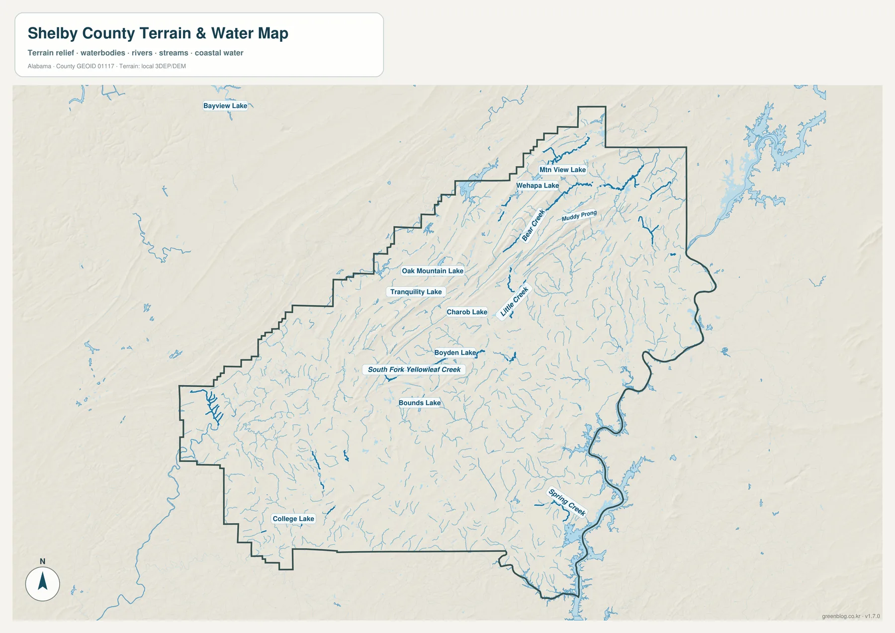 Shelby County의 Oak Mountain Lake, Wehapa Lake, Little Creek, South Fork Yellowleaf Creek, Springs Creek 등 하천과 호수를 표시한 수역 지도