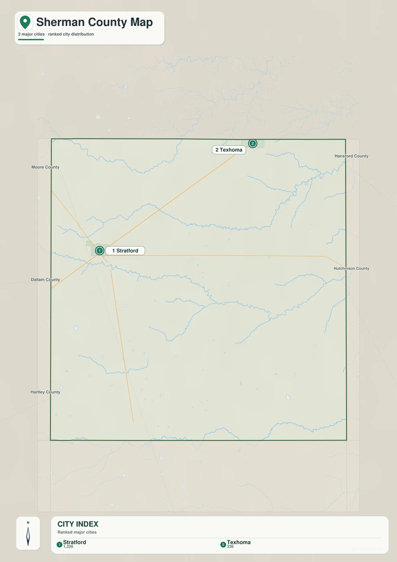 Sherman County 도시 지도에 표시된 Stratford와 Texhoma