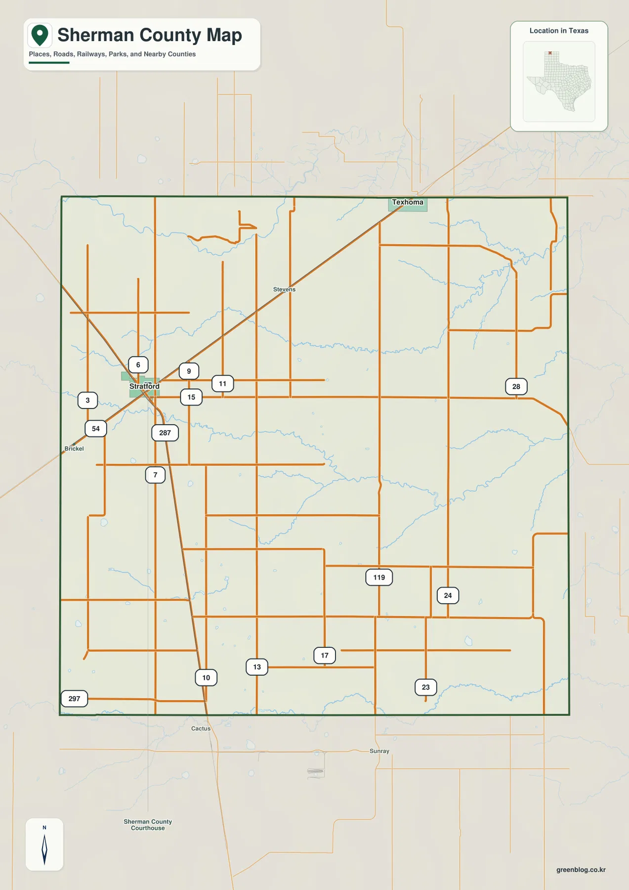 텍사스주 셔먼 카운티 지도에 표시된 Stratford, Texhoma, U.S. 54와 U.S. 287