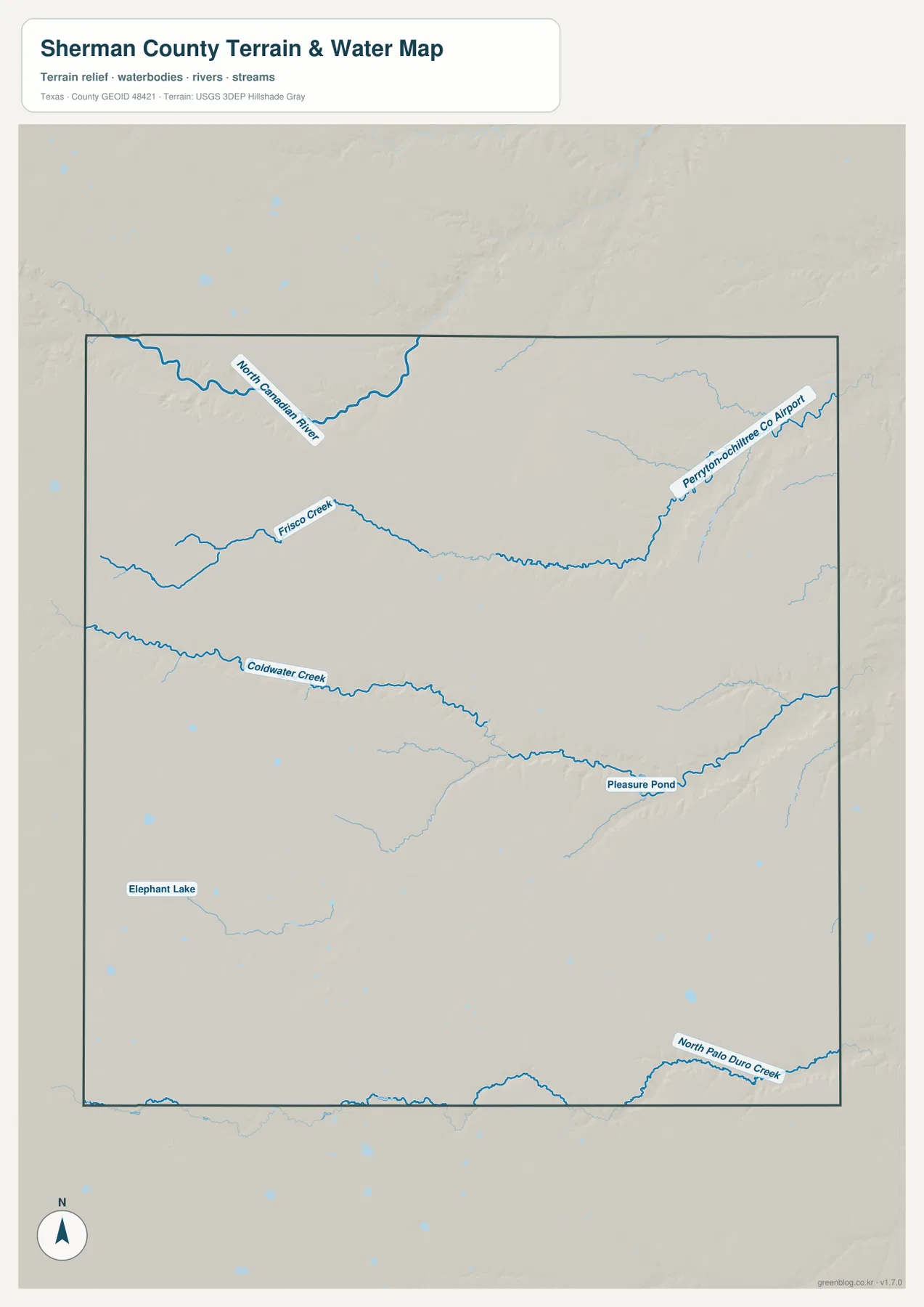 Sherman County 수역 지도에 표시된 North Canadian River, Coldwater Creek, North Palo Duro Creek, Elephant Lake와 Pleasure Pond