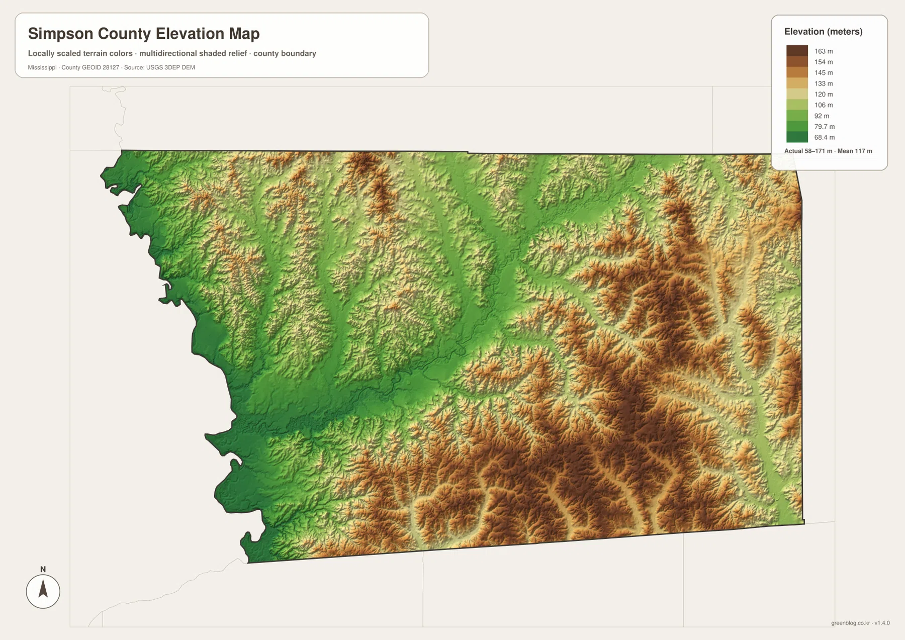 Simpson County elevation map showing about 58 to 171 meters with lower western valleys and higher southeastern hills