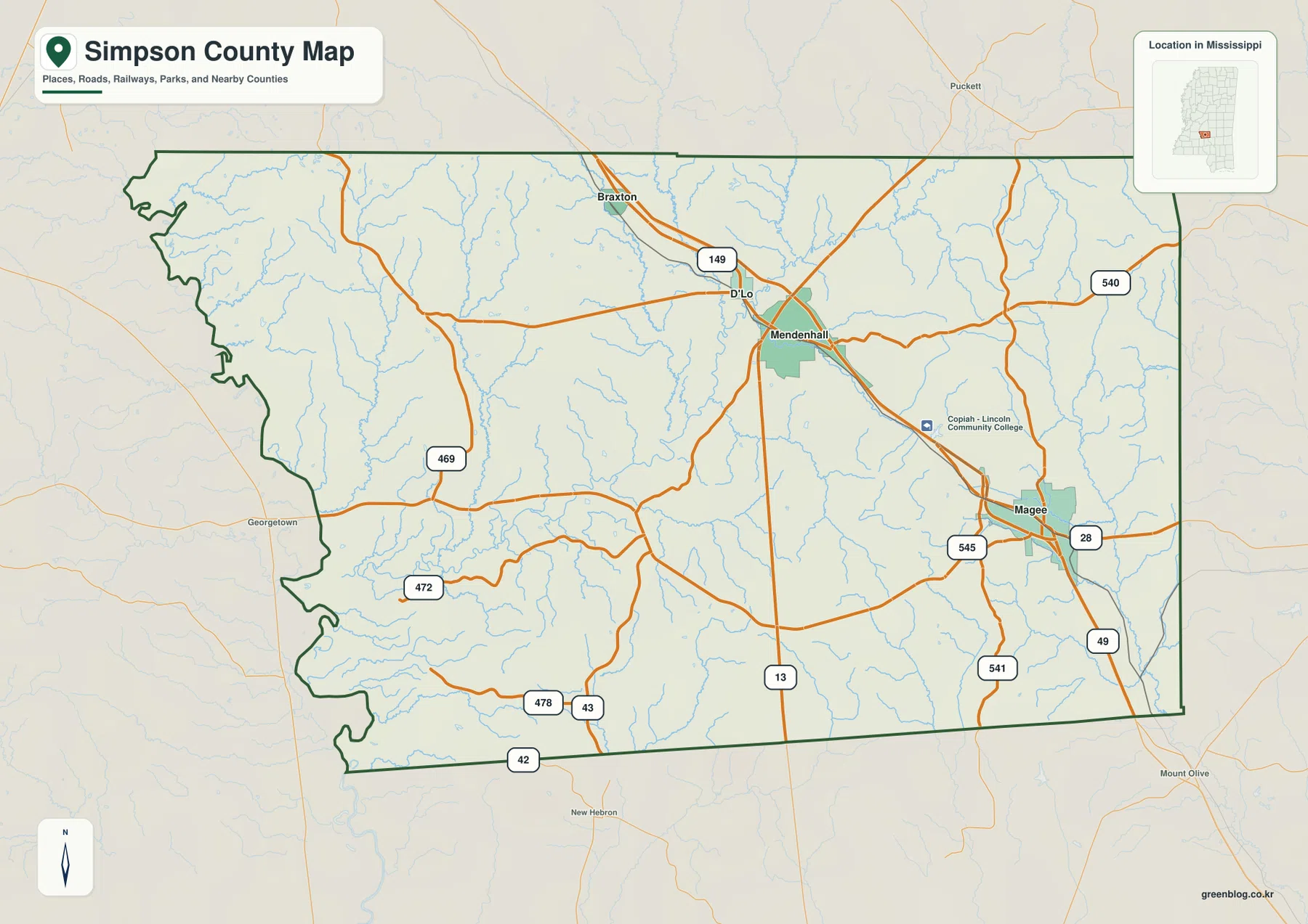Simpson County Mississippi map showing Mendenhall, Magee, US 49, and major state routes