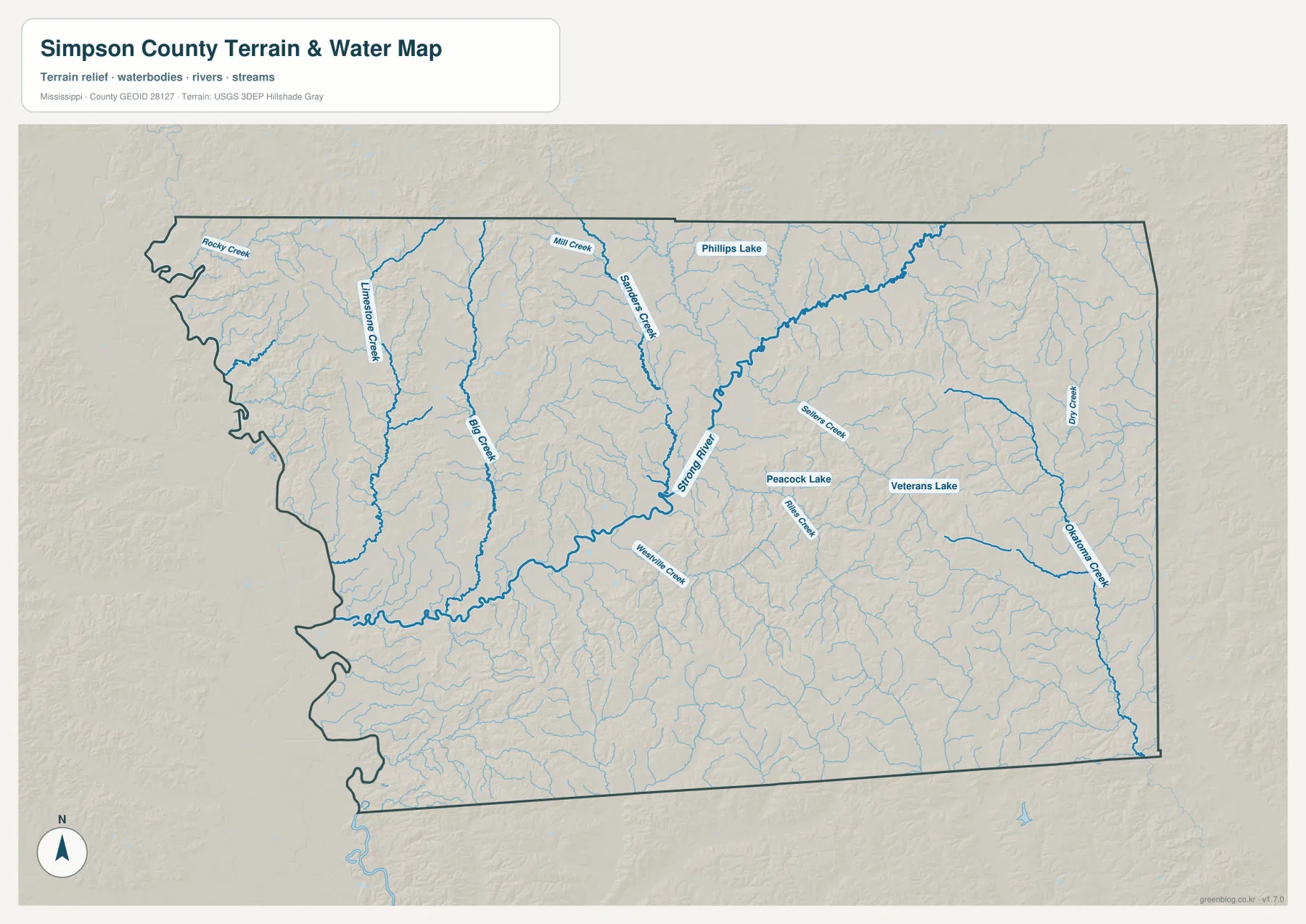 Simpson County water map showing Strong River, Big Creek, Georgetown Creek, Okatoma Creek, and lakes