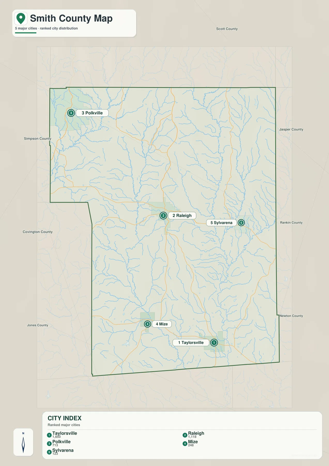 Smith County 도시 지도 - Taylorsville, Raleigh, Polkville, Mize, Sylvarena
