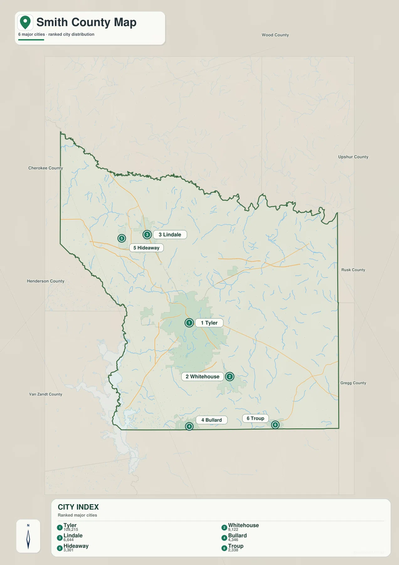 Smith County 도시 지도에 표시된 Tyler, Whitehouse, Lindale, Bullard, Hideaway, Troup