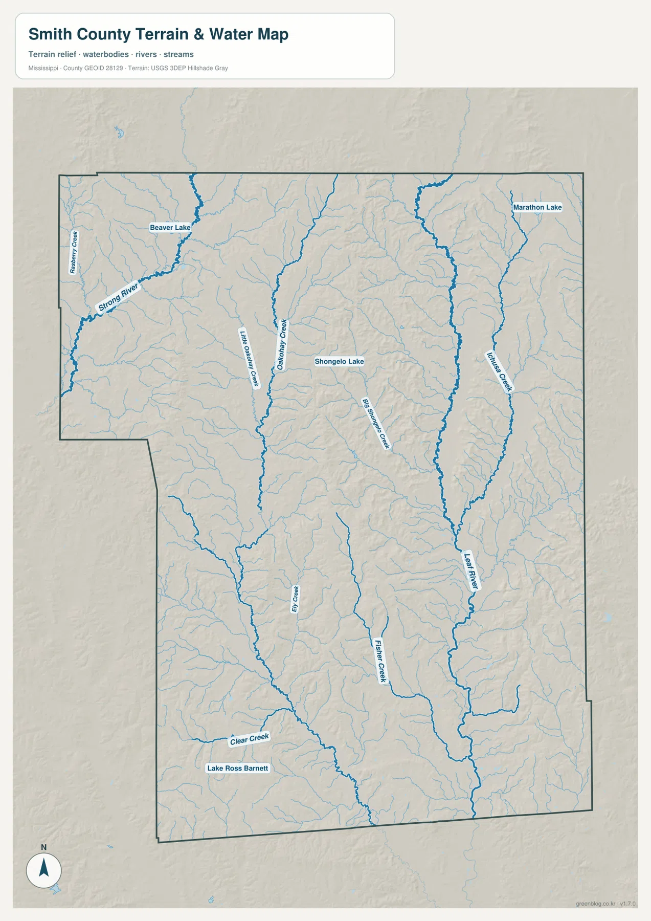 Smith County 수역 지도 - Strong River, Leaf River, Okatoma Creek, Turner Creek과 주요 호수