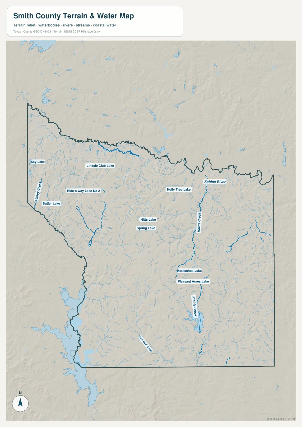 Smith County 수역 지도에 표시된 Sabine River, Harts Creek, Prairie Creek, West Mud Creek과 여러 호수