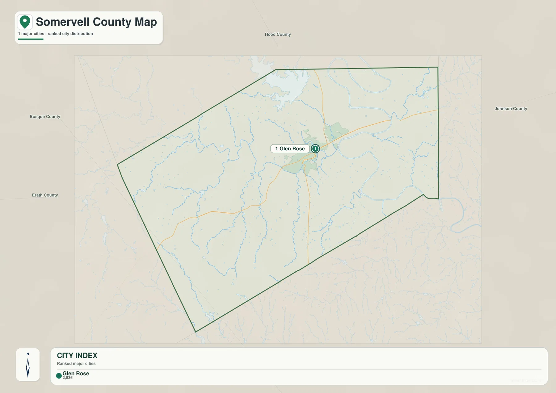 Somervell County 도시 지도에 주요 도시로 표시된 Glen Rose