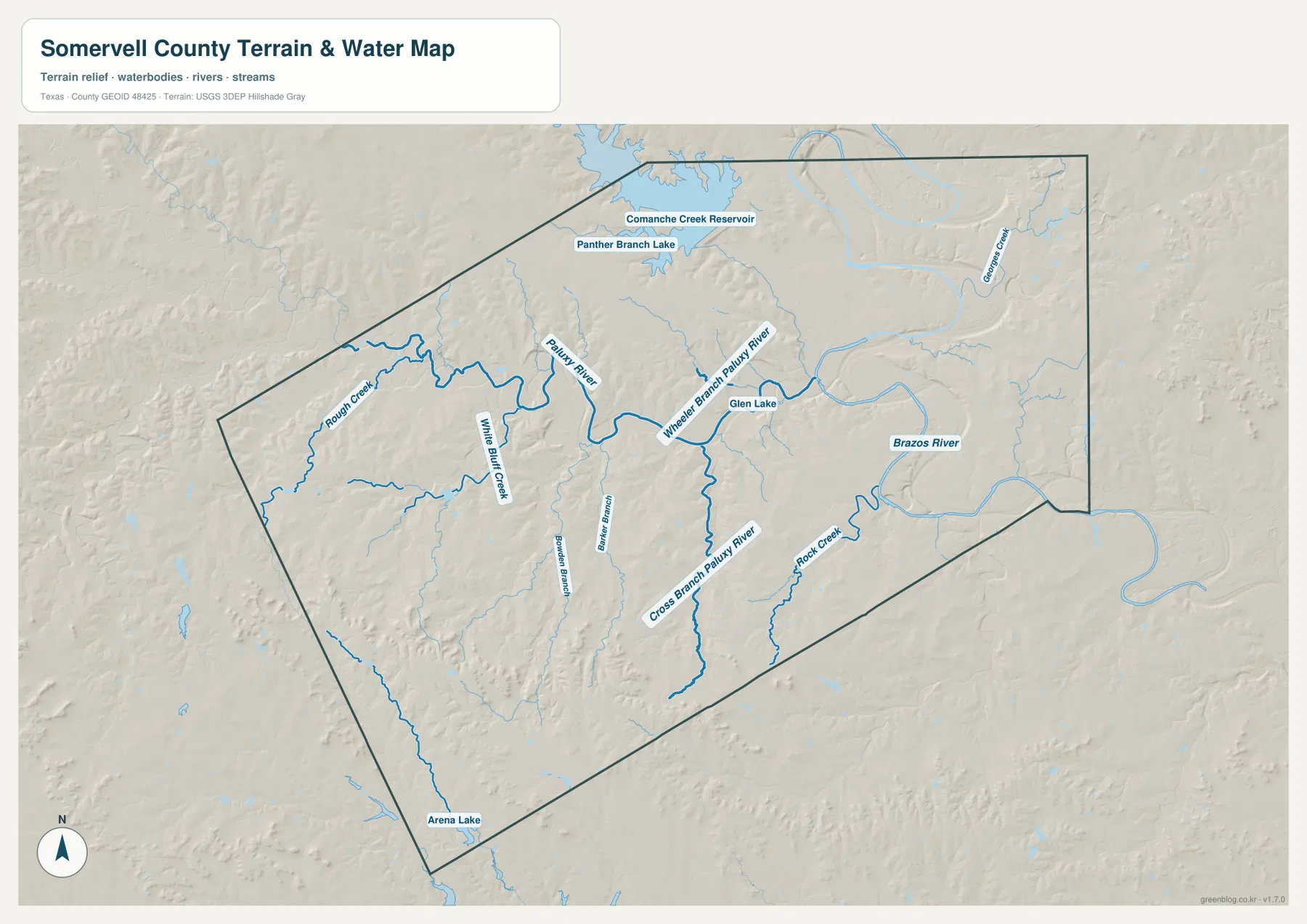 Somervell County 수역 지도에 표시된 Paluxy River, Brazos River, Rough Creek, Glen Lake와 Comanche Creek Reservoir