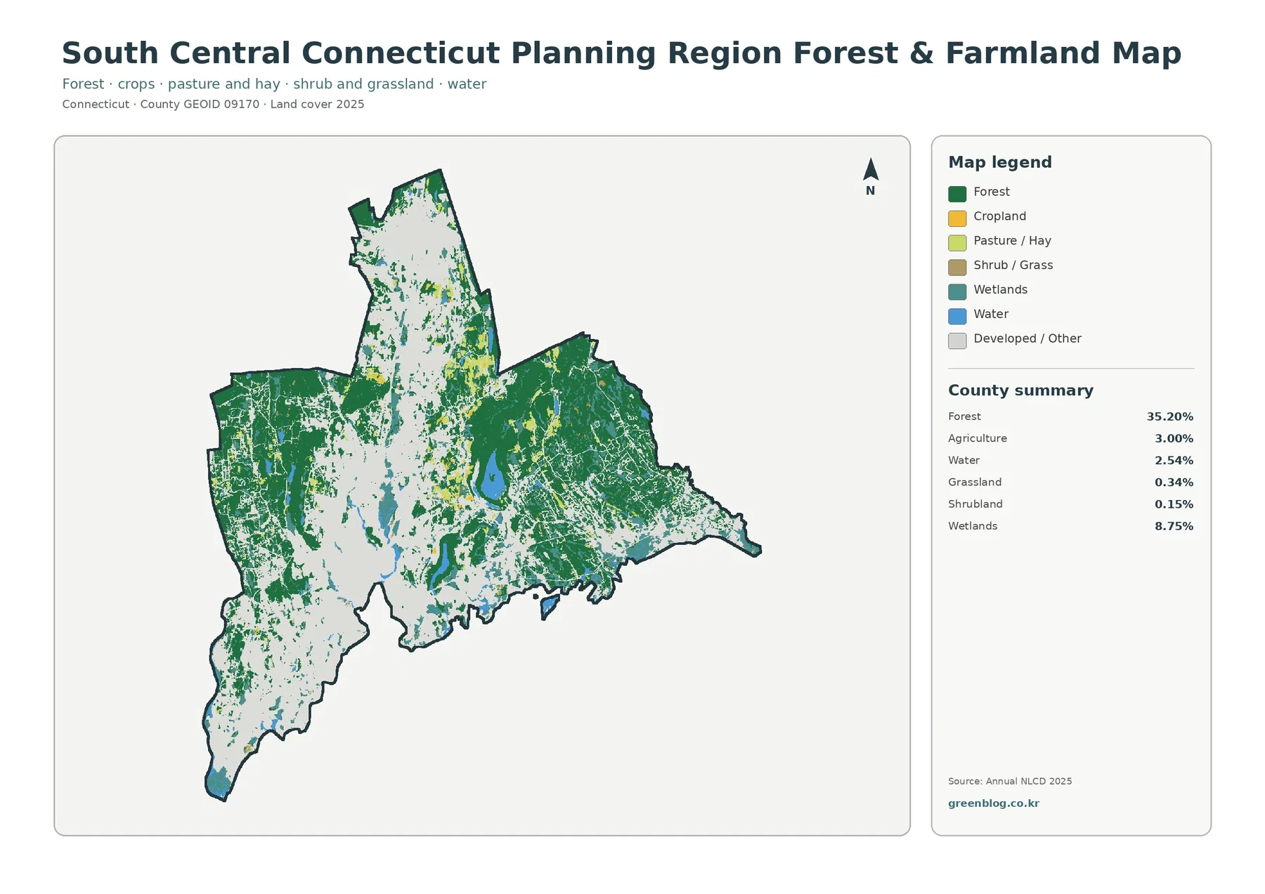 South Central Connecticut Planning Region 산림·농경지 지도