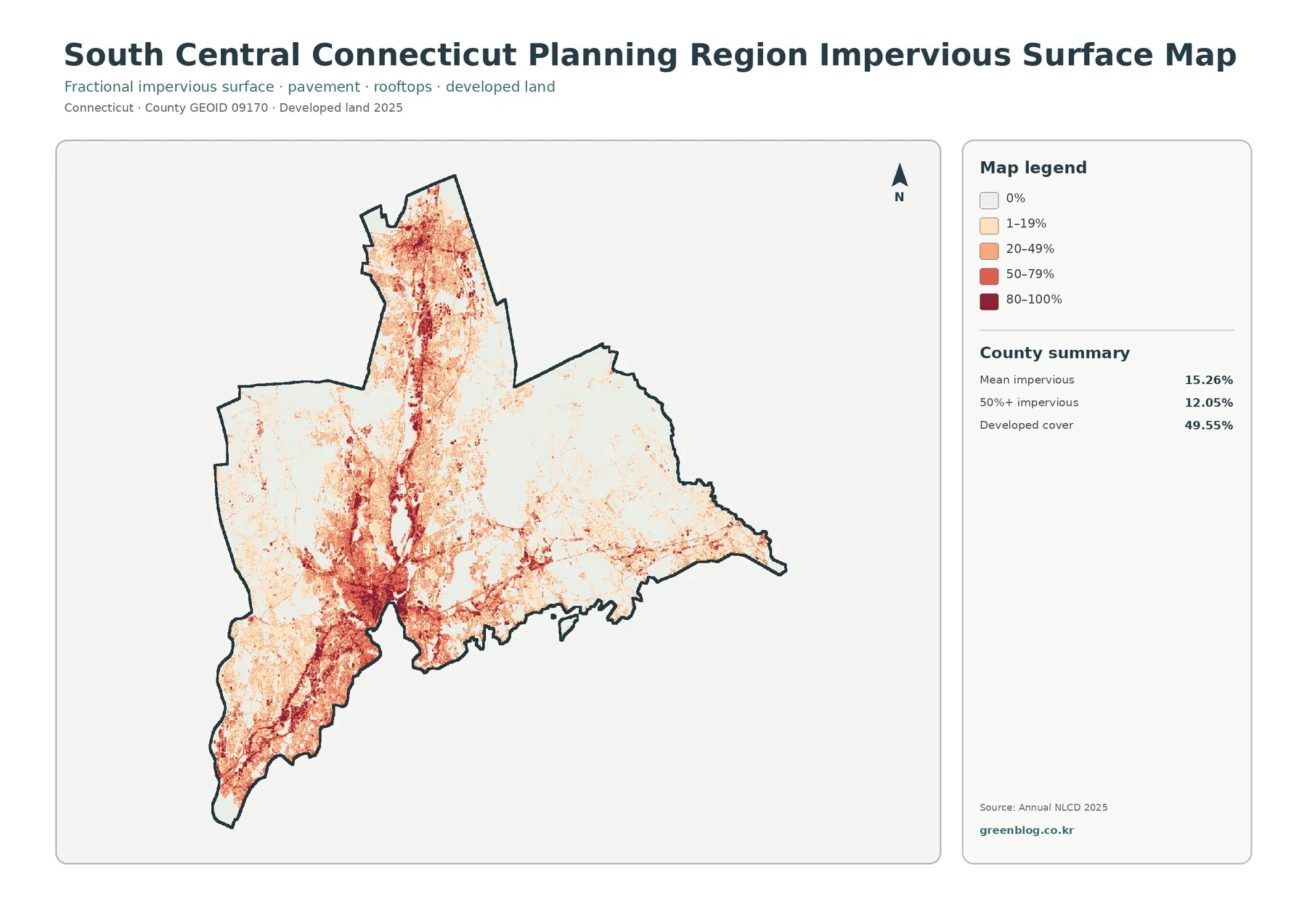 South Central Connecticut Planning Region 불투수·개발지 지도