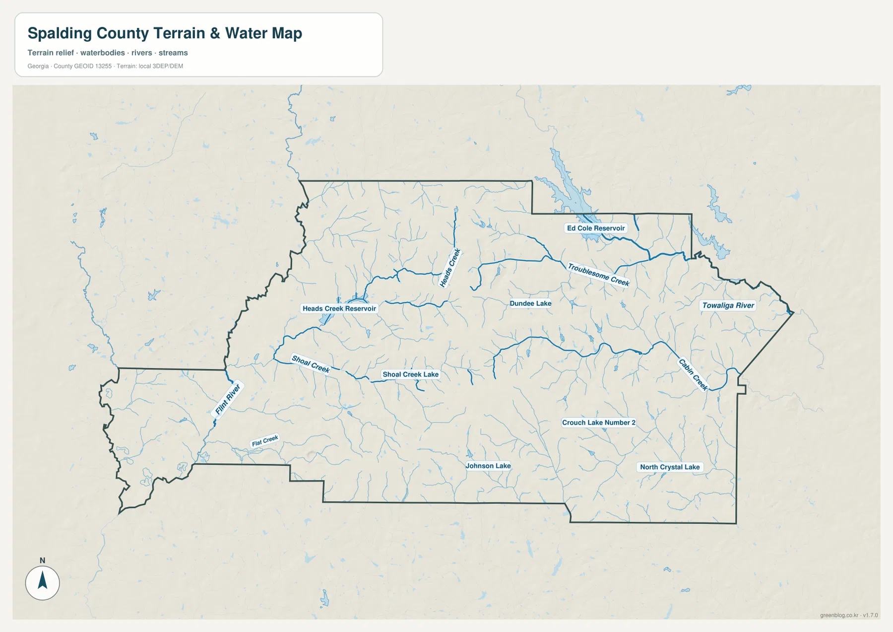 Flint River, Towaliga River, Heads Creek, Shoal Creek, Troublesome Creek와 여러 저수지를 보여 주는 스팔딩 카운티 수역 지도