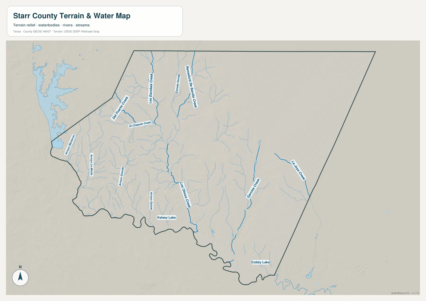 Starr County 수역 지도에 표시된 Los Olmos Creek, Las Escobas Creek, El Chapote Creek, Garcias Creek, Kelsey Lake와 Cobby Lake