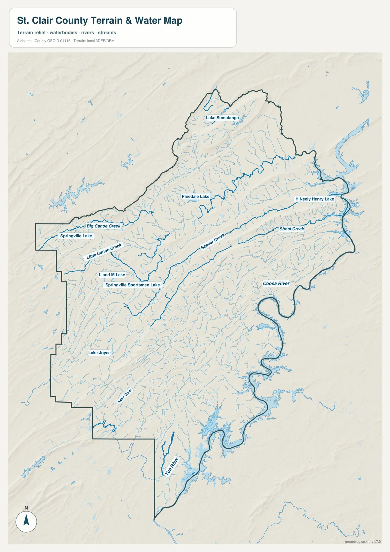St. Clair County의 Coosa River, Big Canoe Creek, Little Canoe Creek, Beaver Creek, Shoal Creek, Toe River와 여러 호수를 표시한 수역 지도