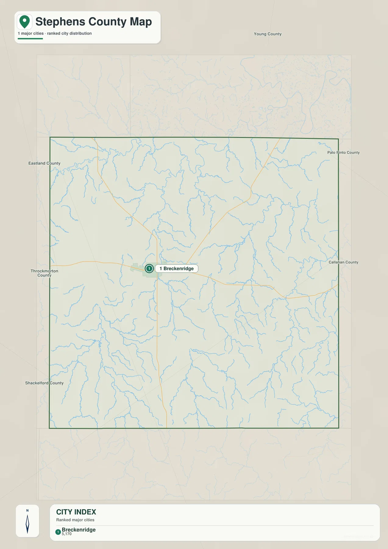 Stephens County 도시 지도에서 주요 도시로 표시된 Breckenridge