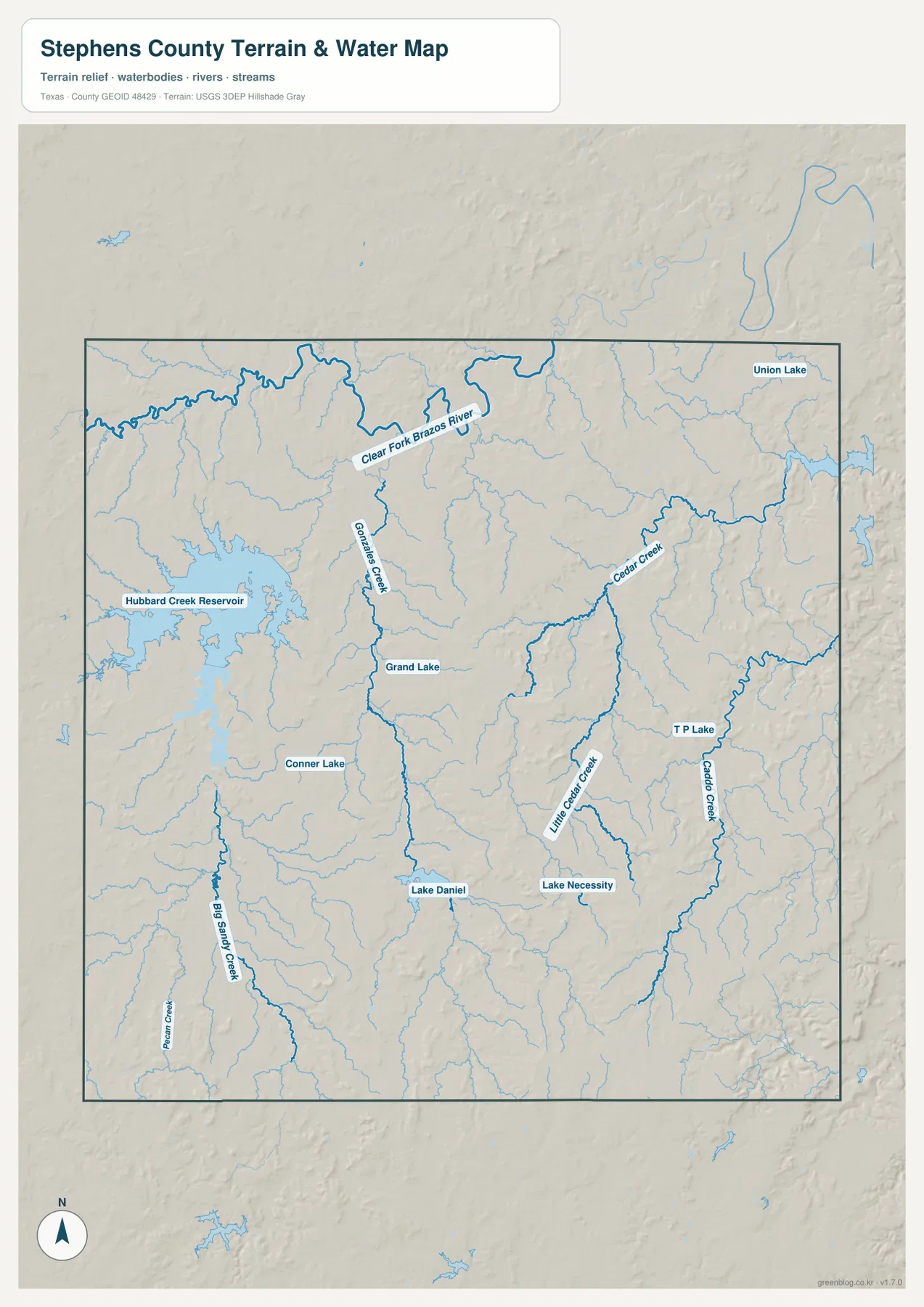 Stephens County 수역 지도에 표시된 Hubbard Creek Reservoir, Clear Fork Brazos River, Gonzales Creek, Cedar Creek과 여러 호수