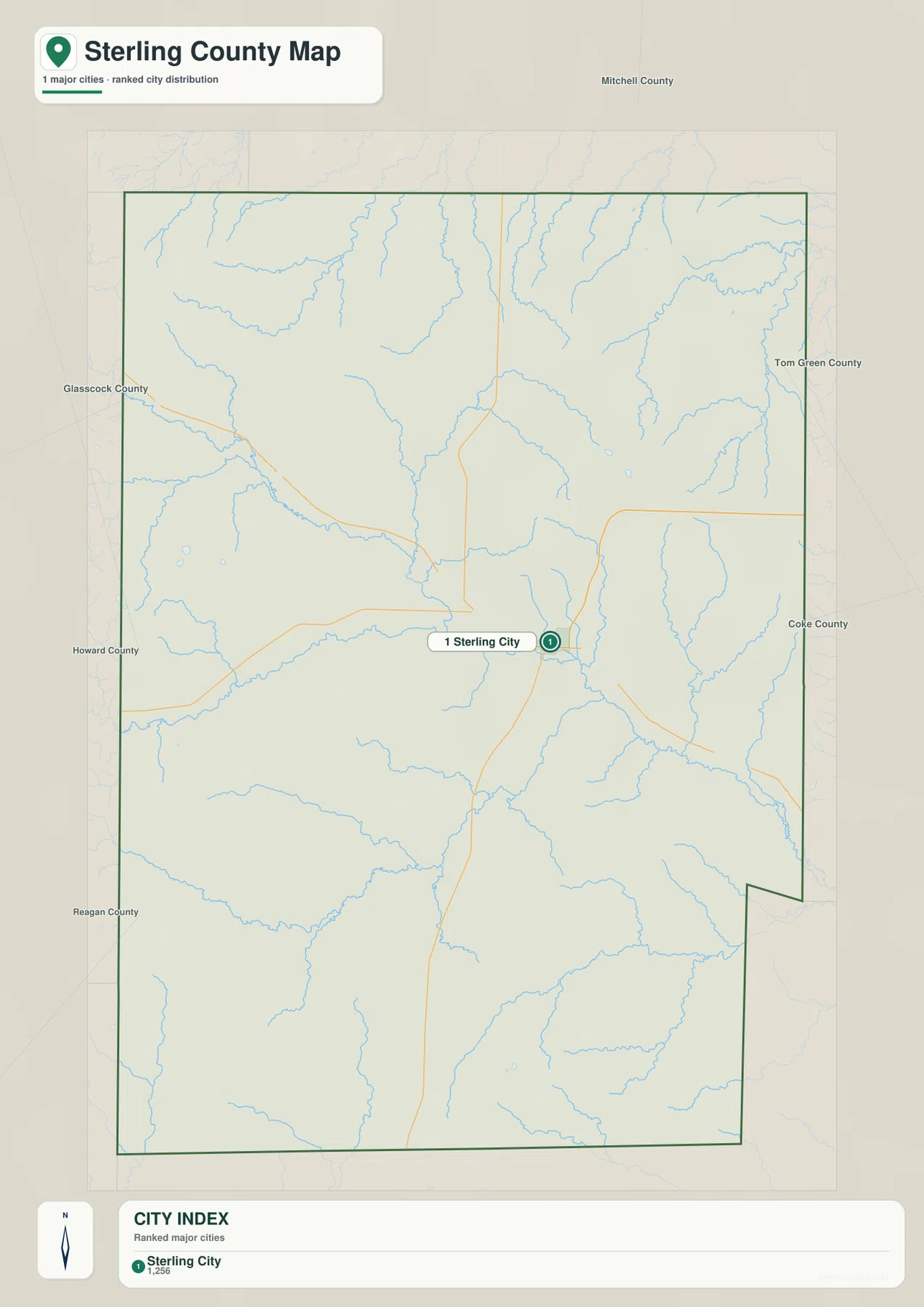 Sterling County city map highlighting Sterling City as the single ranked major city