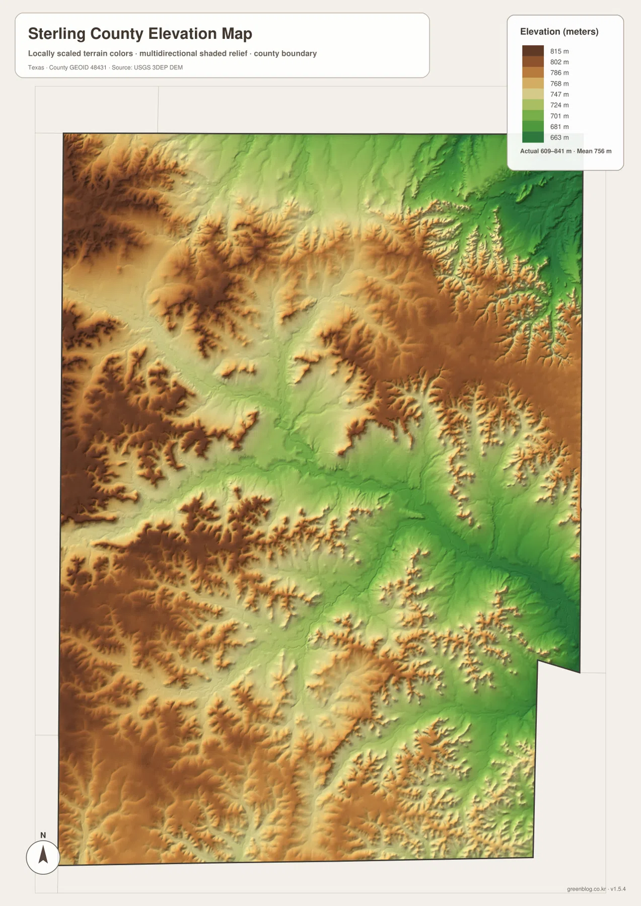 Sterling County elevation map showing an actual range of about 609 to 841 meters and a mean of 756 meters