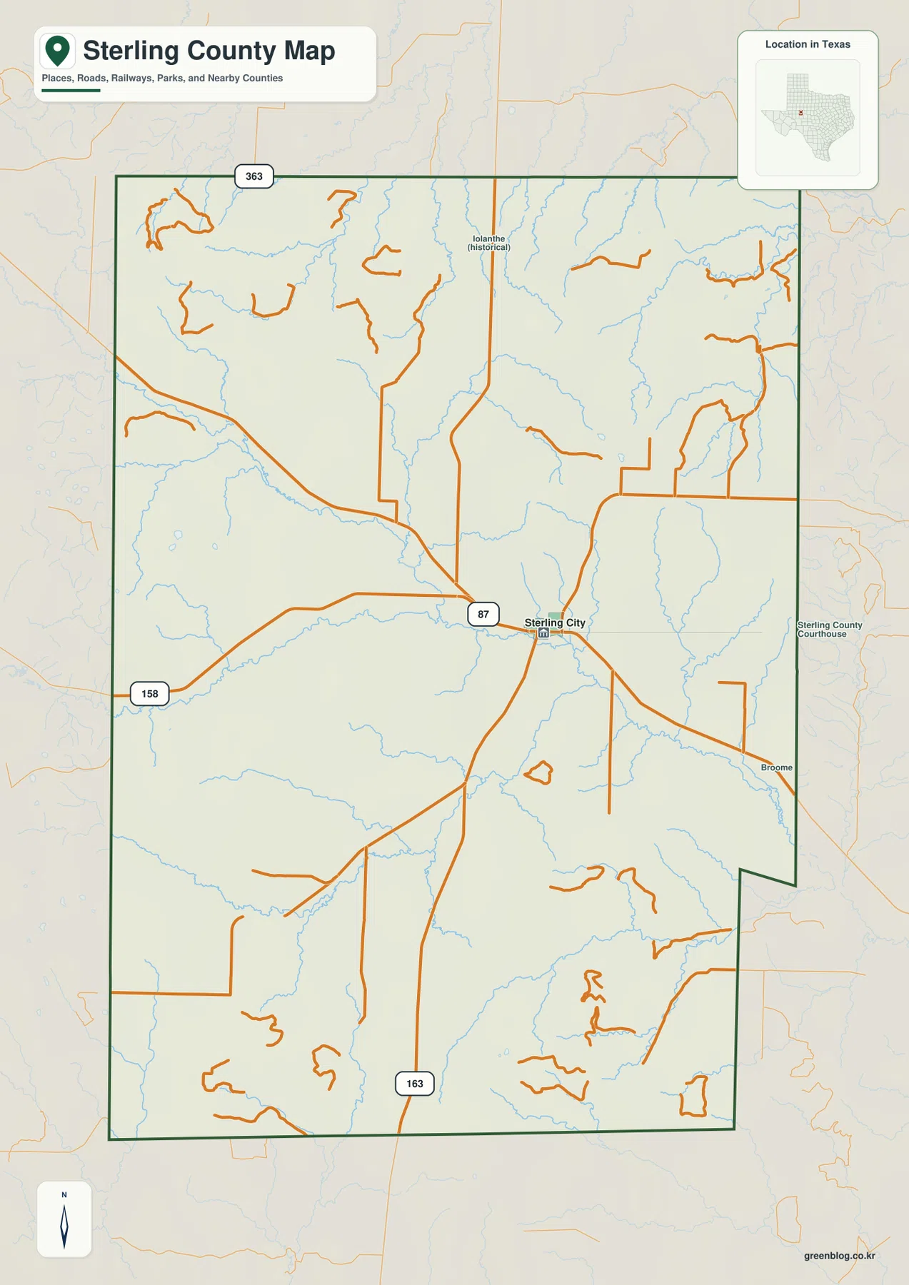 Sterling County map showing Sterling City, Broome, U.S. 87, routes 158 and 163, and streams