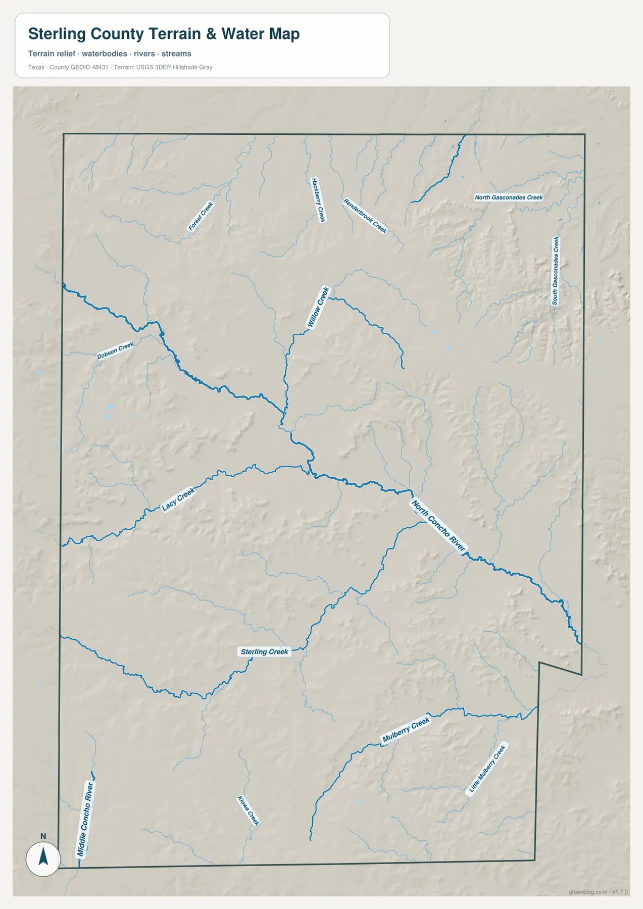 Sterling County water map showing North Concho River, Lacy Creek, Willow Creek, Sterling Creek, and Mulberry Creek