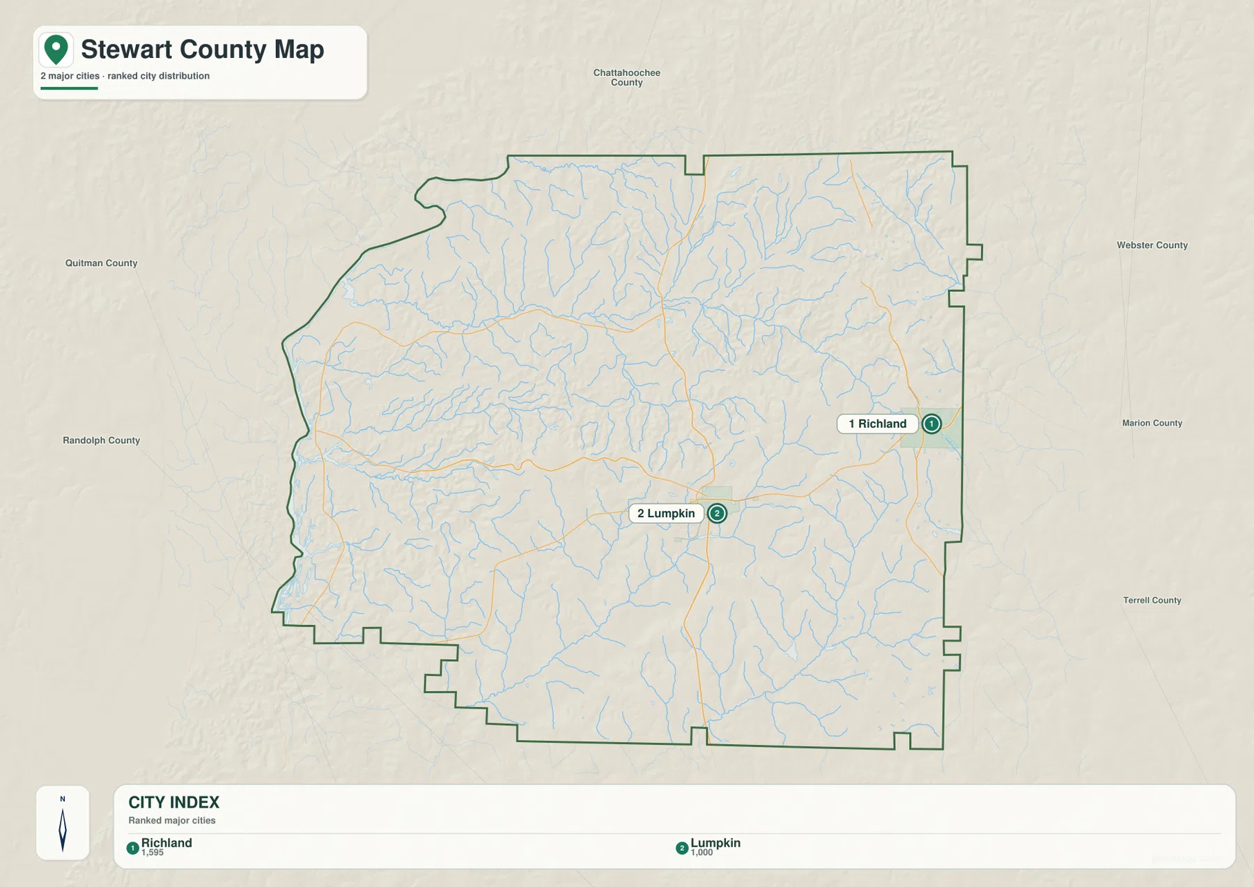 Stewart County city map ranking Richland and Lumpkin as the two major cities