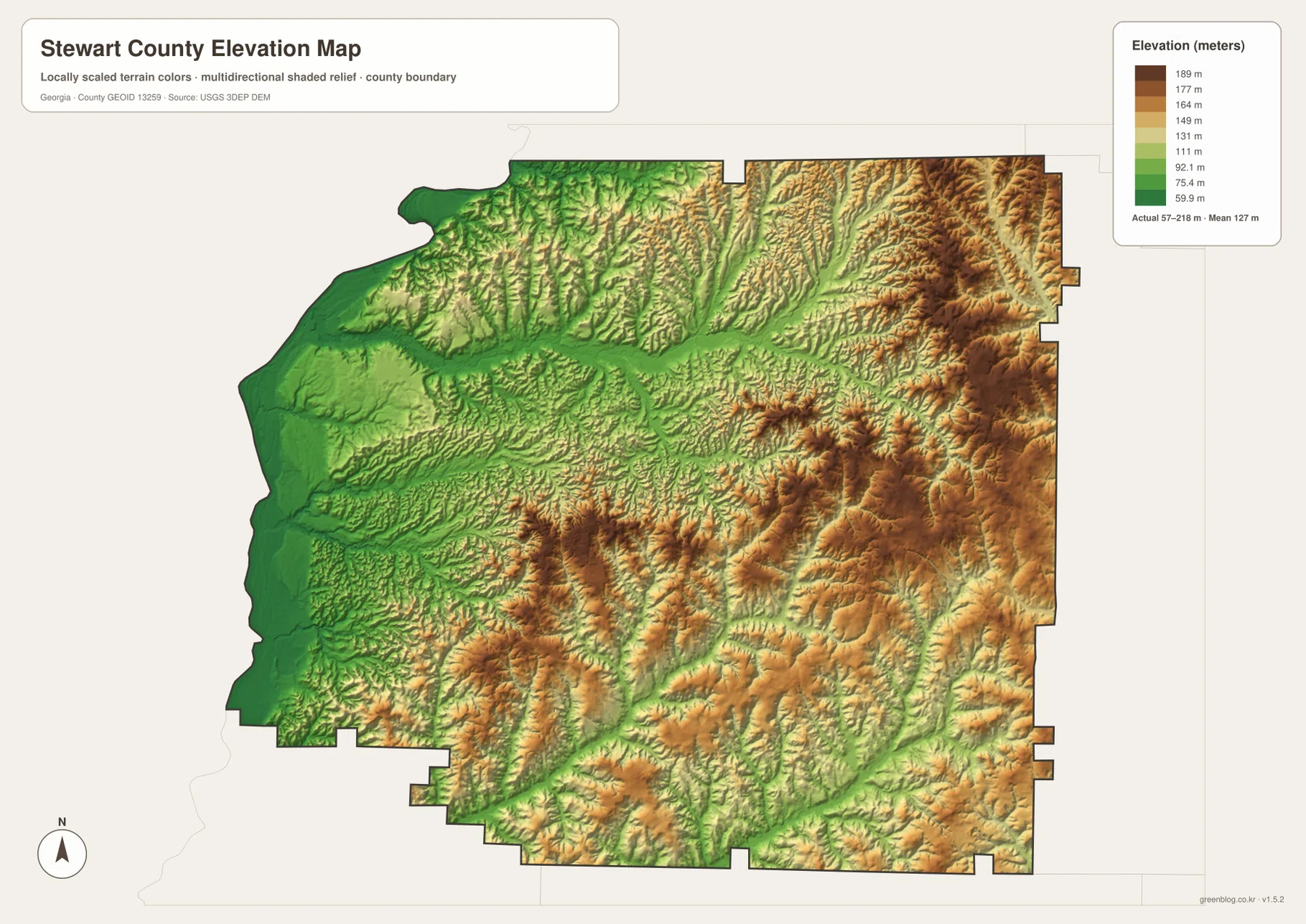 Stewart County elevation map showing low terrain by the Chattahoochee River and higher ridges toward the east and northeast