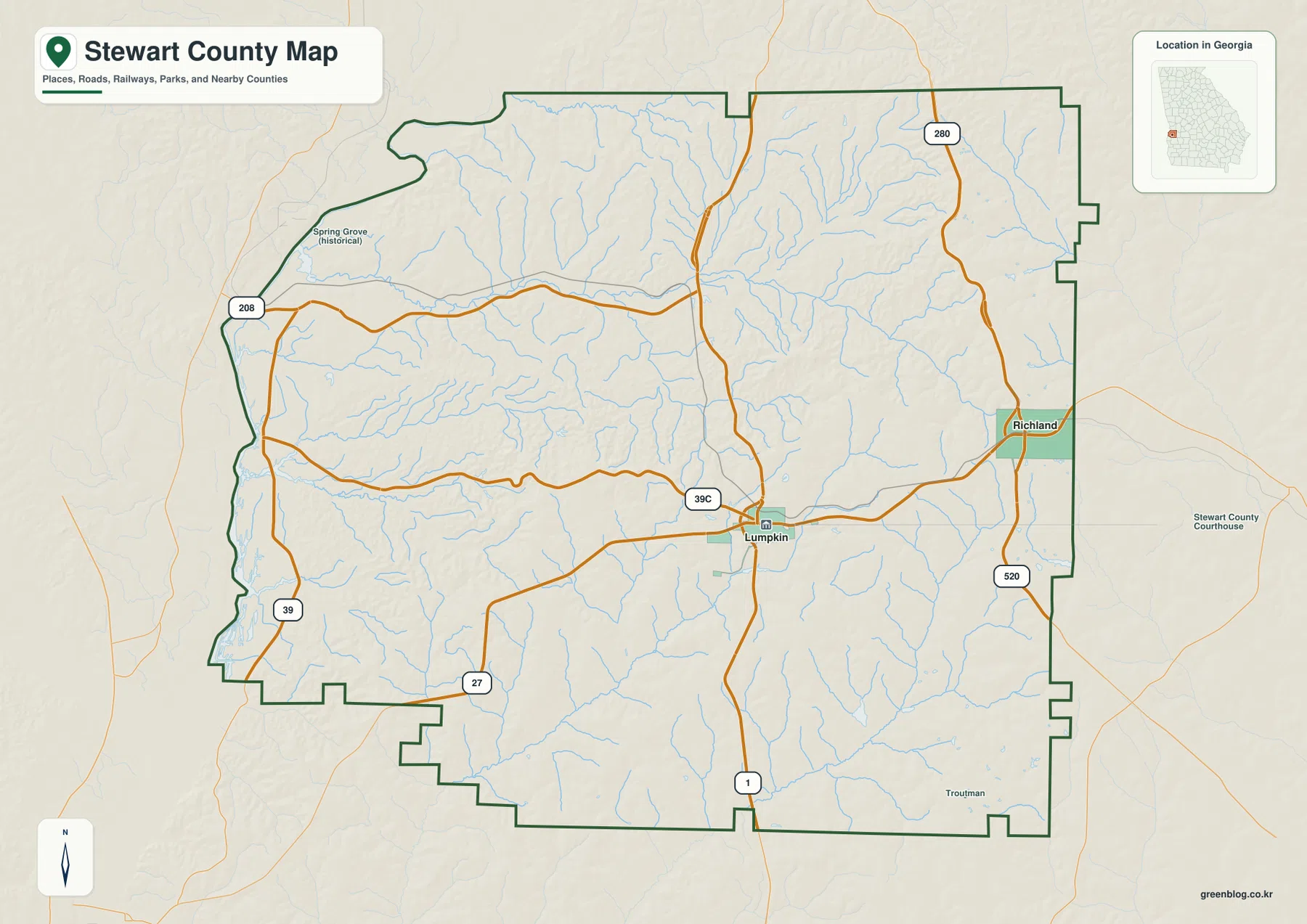 Stewart County Georgia map showing Lumpkin, Richland, major numbered roads, streams, and the county boundary