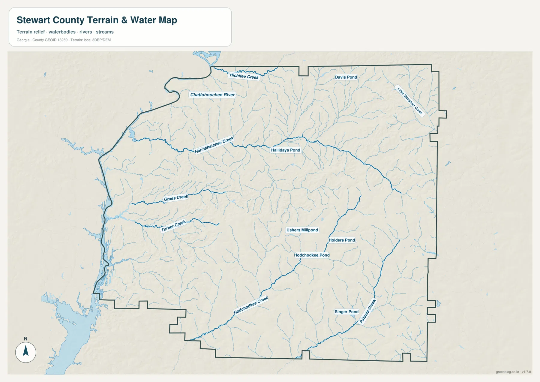 Stewart County water map showing the Chattahoochee River, Hannahatchee Creek, Hodchodkee Creek, Patula Creek, ponds, and tributaries