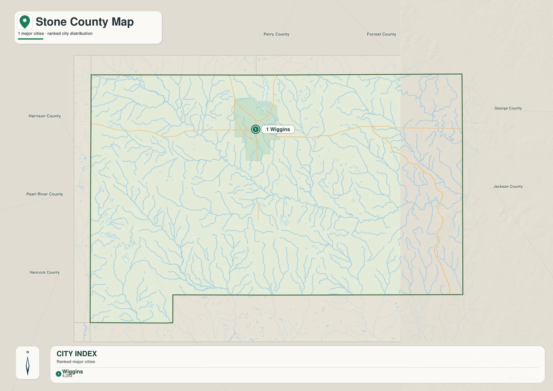 Stone County city map showing Wiggins and surrounding county directions