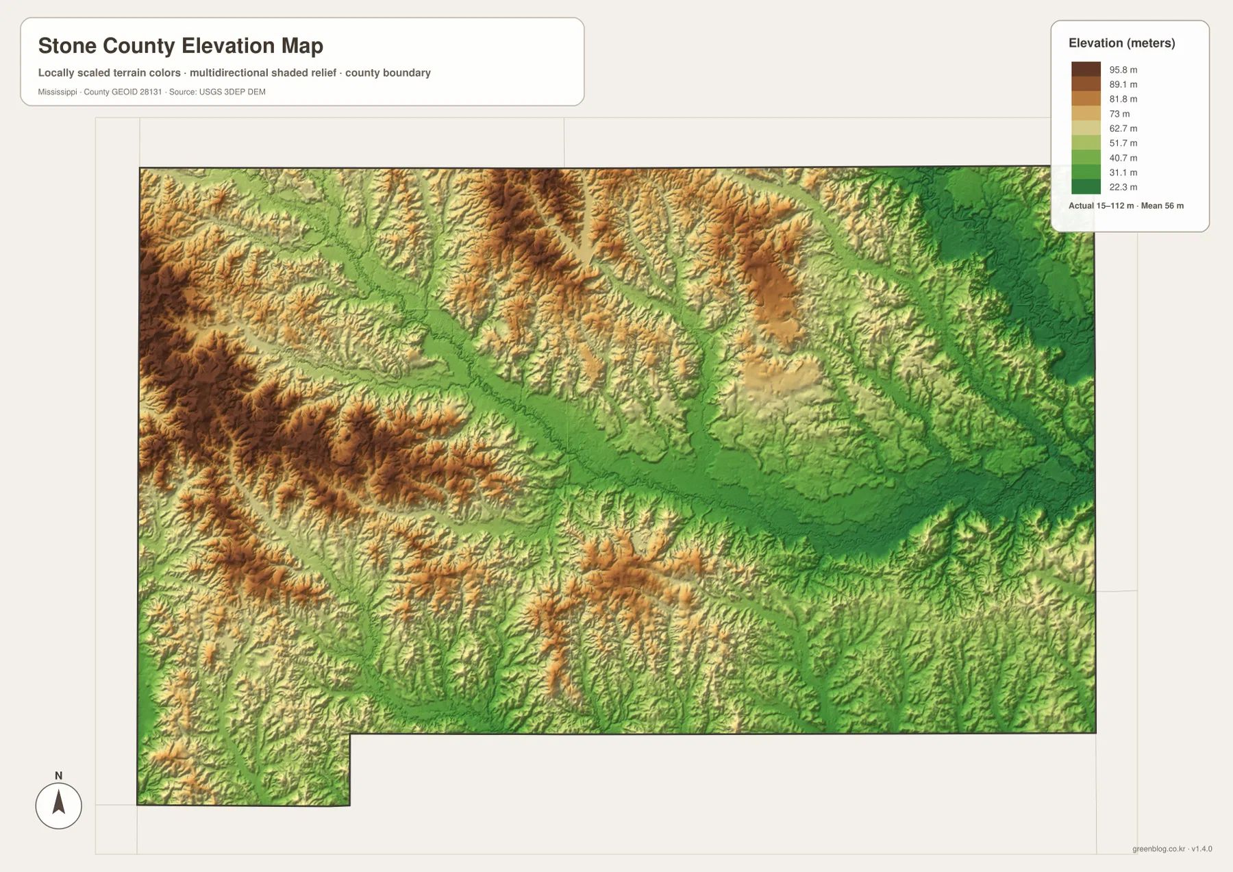 Stone County elevation map showing about 15 to 112 meters with lower creek valleys and higher western hills