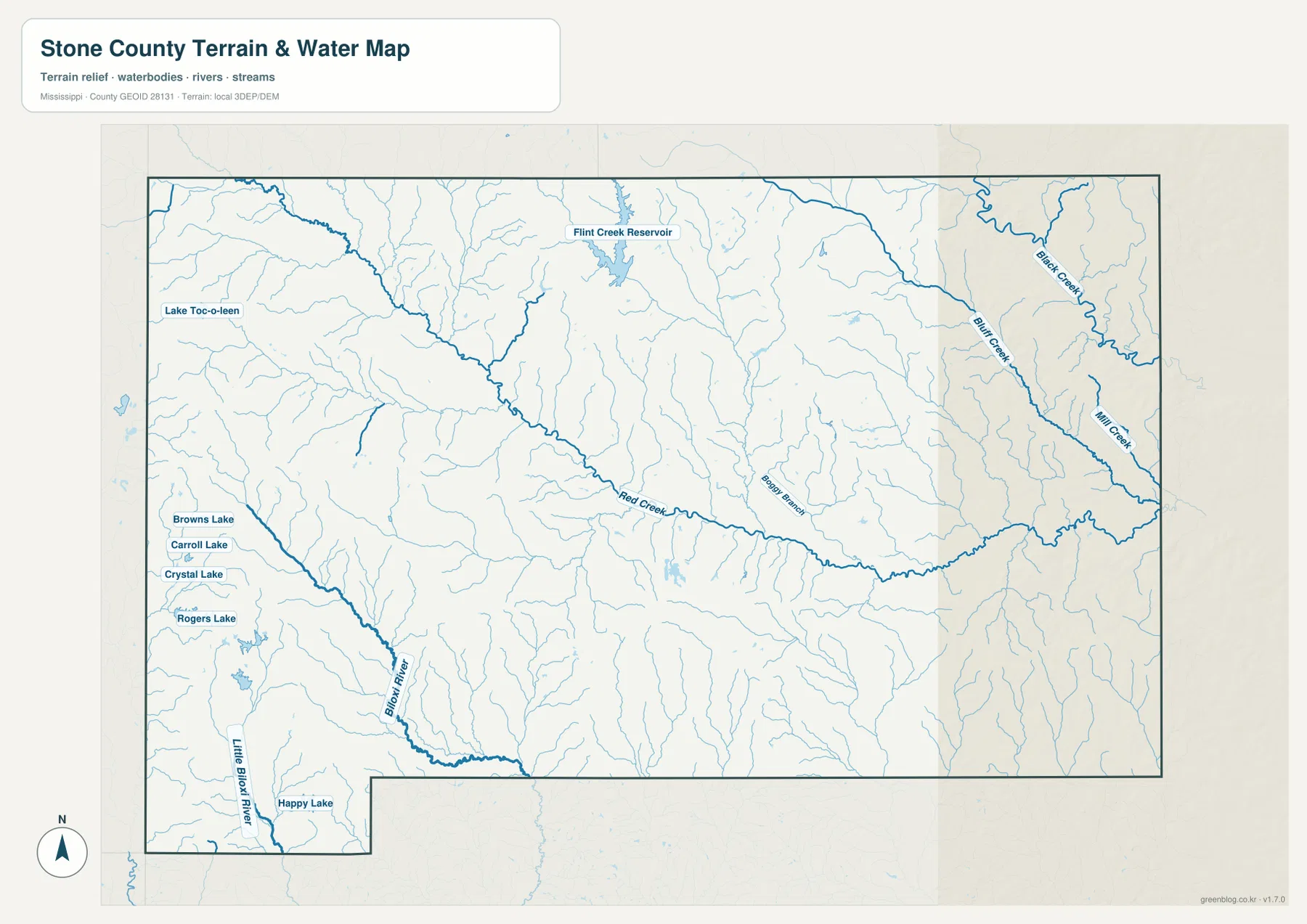 Stone County water map showing Red Creek, Black Creek, Black River, Little Biloxi River, and lakes
