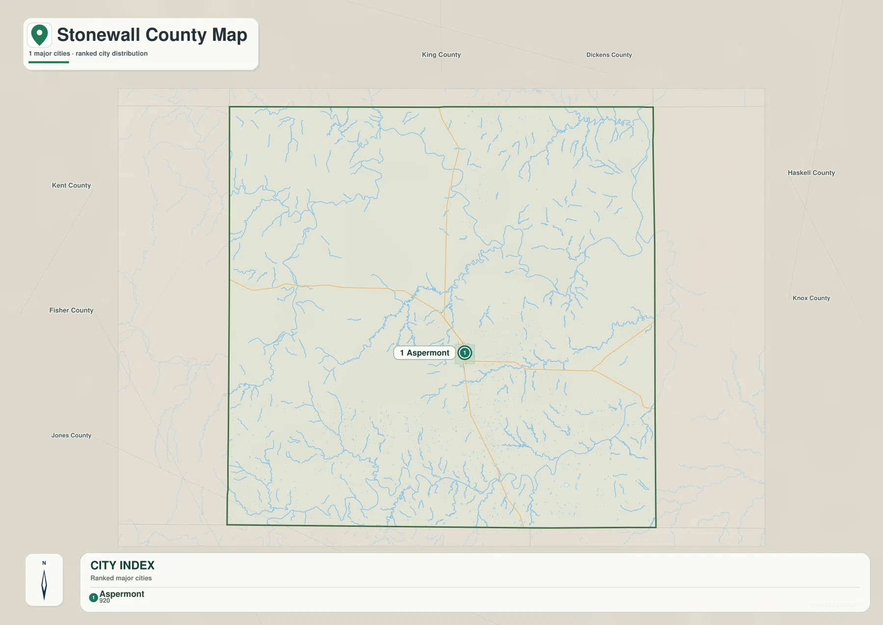 Stonewall County city map highlighting Aspermont as the single ranked major city