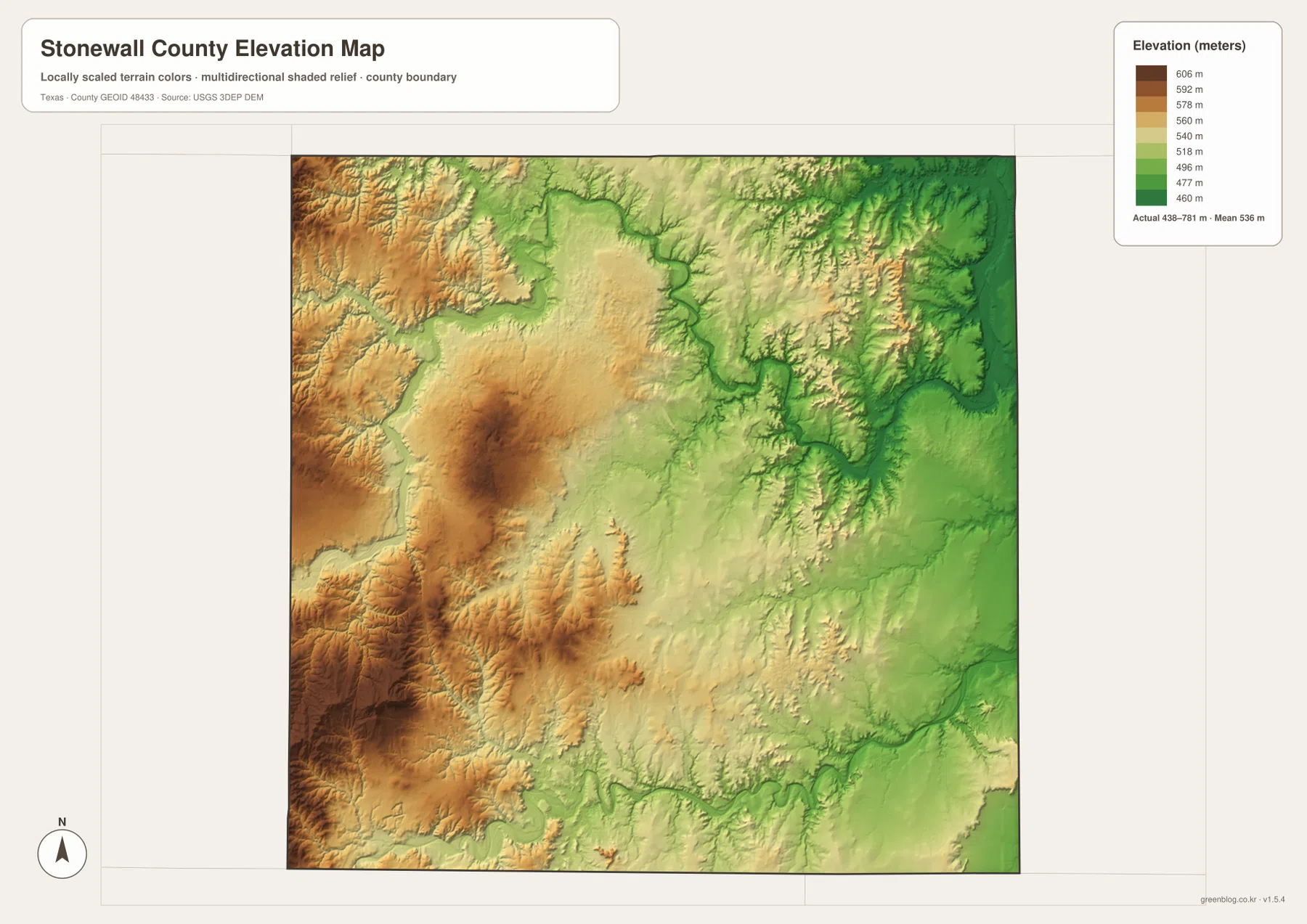 Stonewall County elevation map showing an actual range of about 438 to 781 meters and a mean of 536 meters