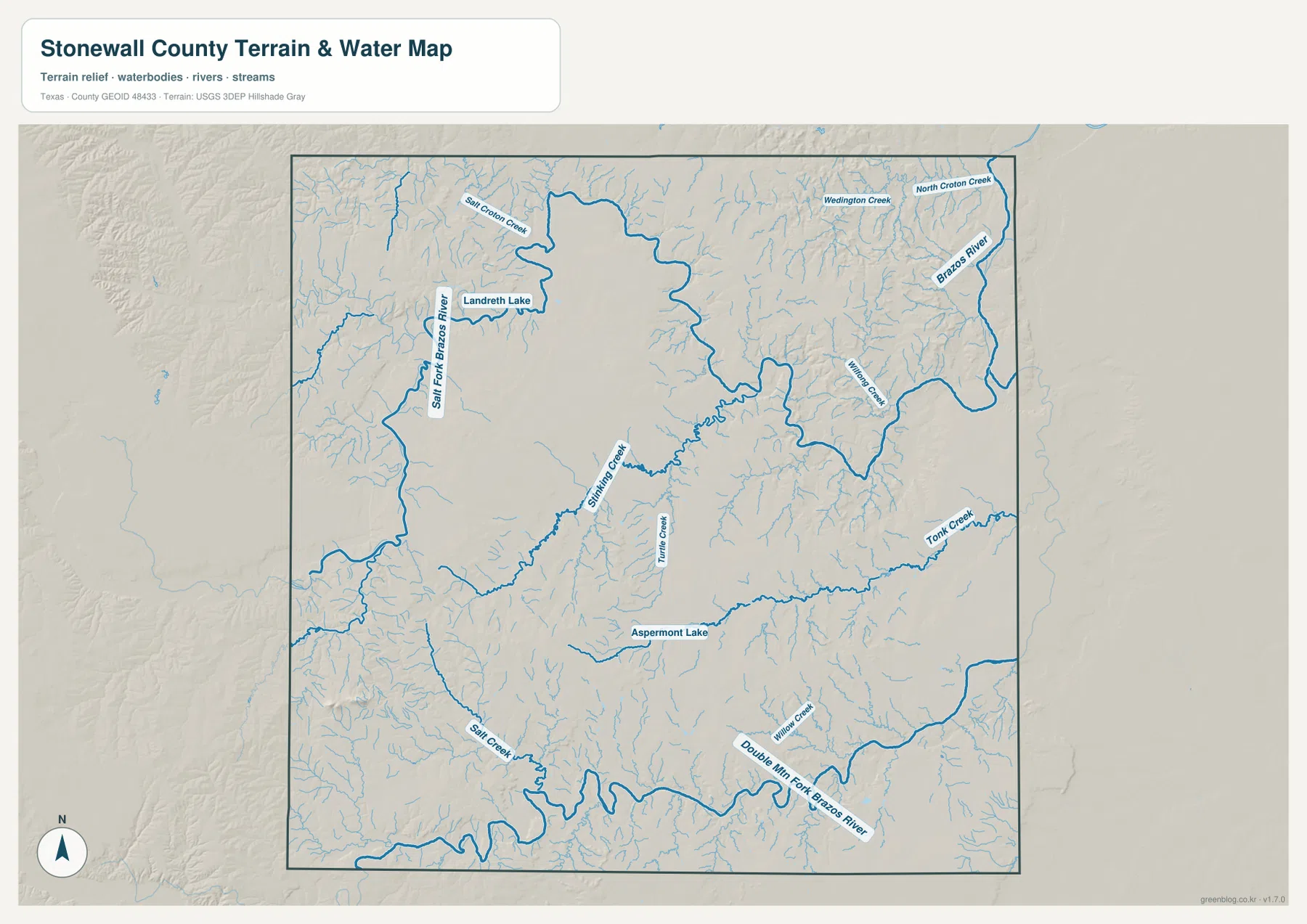Stonewall County water map showing Salt Fork Brazos River, Double Mountain Fork Brazos River, Stinking Creek, Tonk Creek, and Aspermont Lake