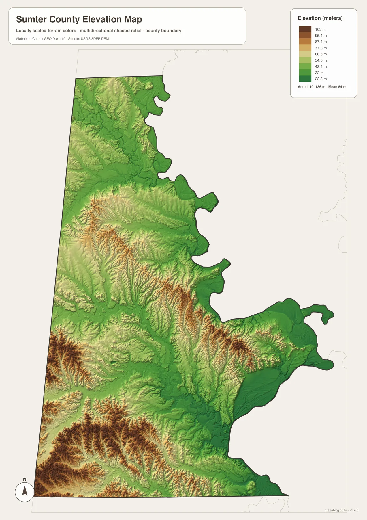 Sumter County 실제 고도 10~136m와 평균 54m, 동부 저지와 서부·남부 구릉을 보여 주는 지도