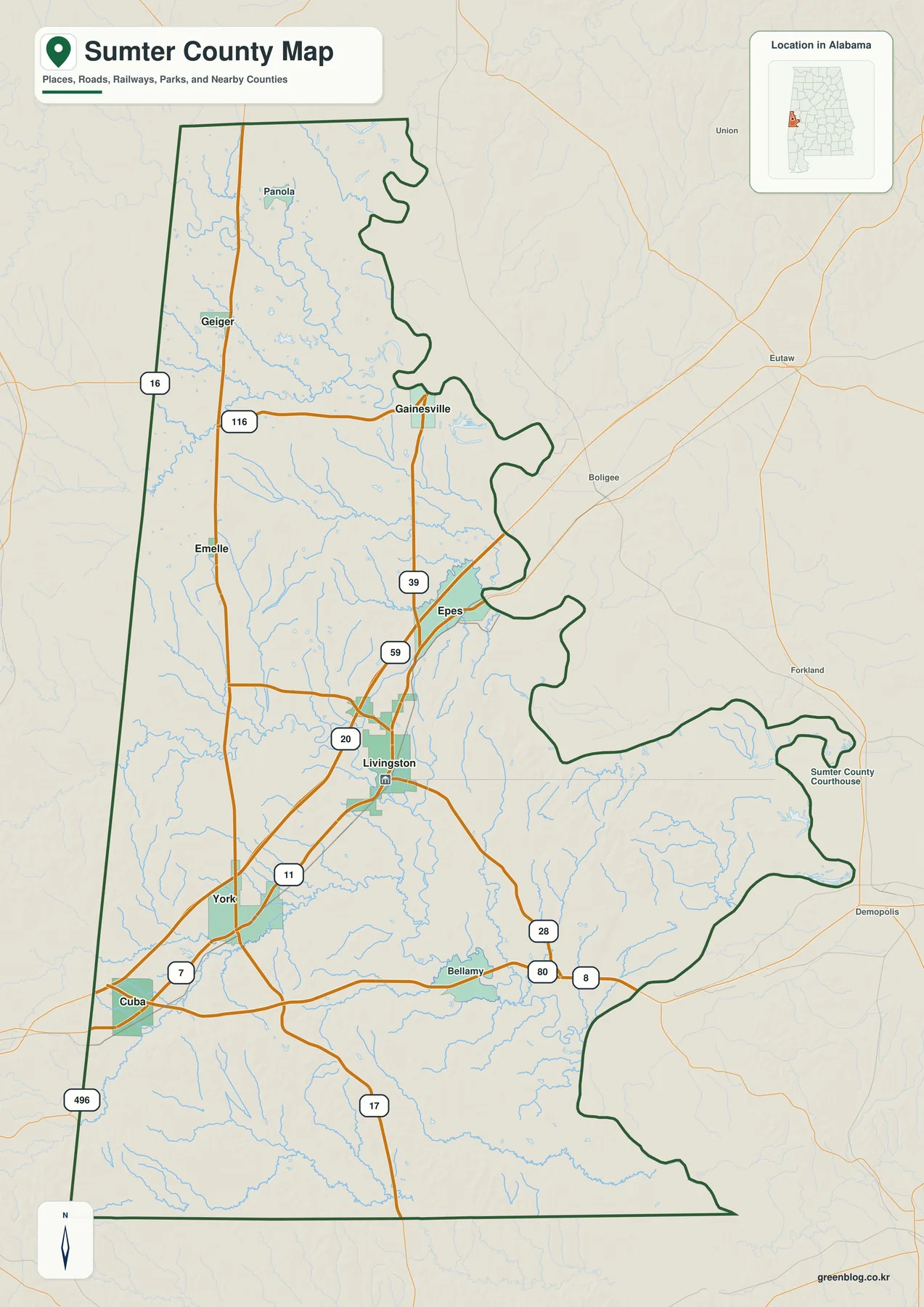 앨라배마 Sumter County 경계와 Livingston, York, Cuba, Epes, Gainesville, Geiger, 주요 도로와 하천을 표시한 지도