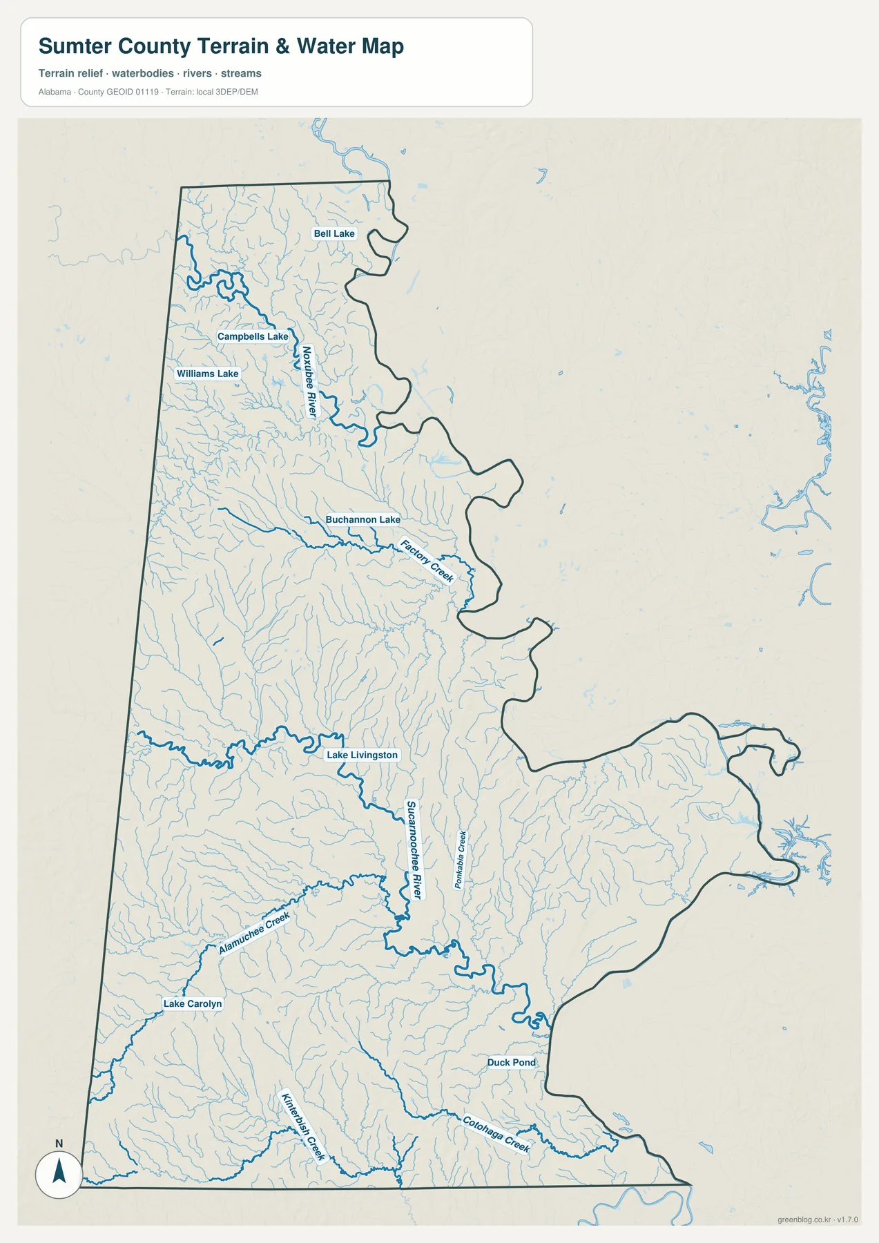 Sumter County의 Sucarnoochee River, Noxubee River, Factory Creek, Alamuchee Creek, Kinterbish Creek, Coalinga Creek와 여러 호수를 표시한 수역 지도