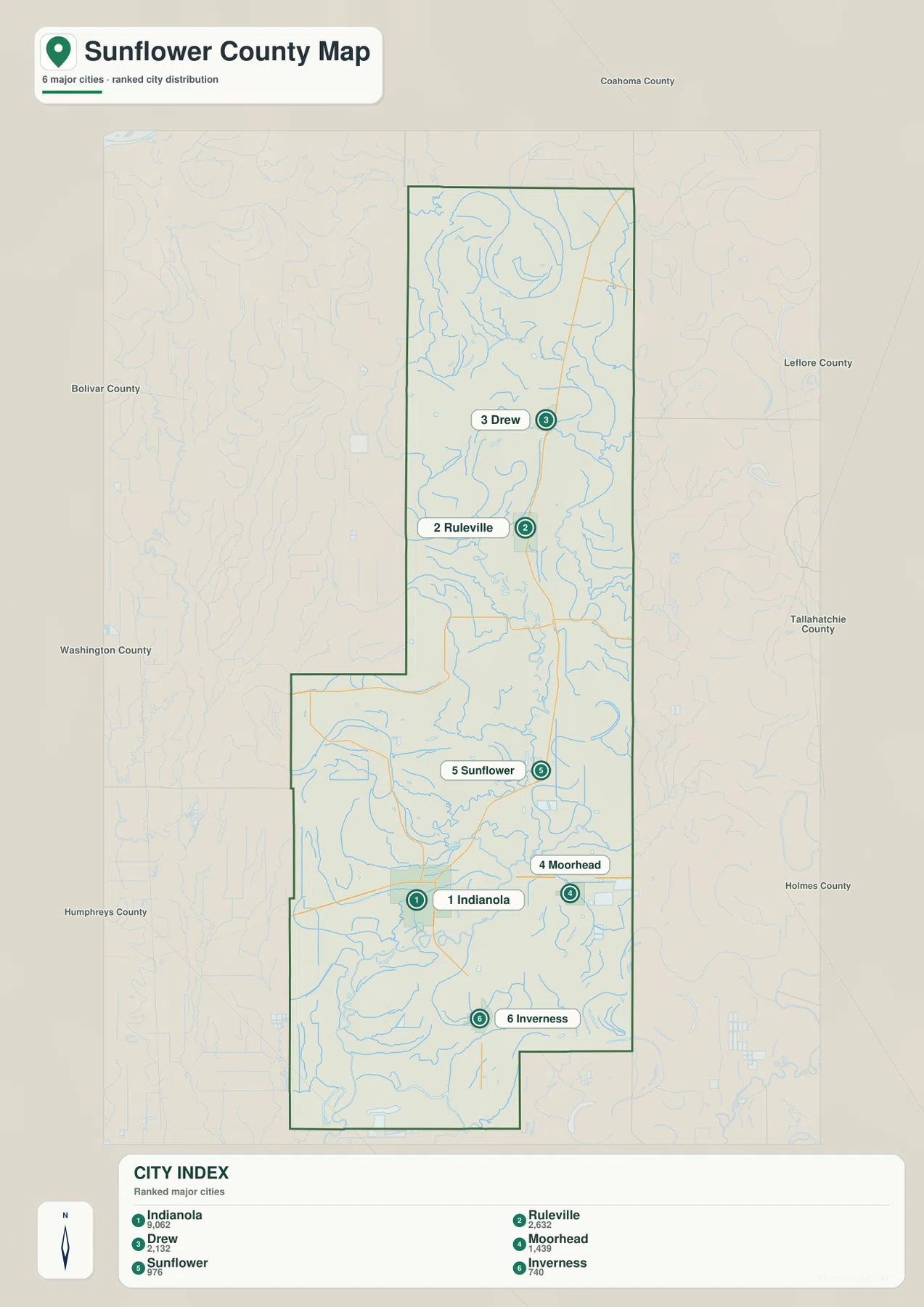 Sunflower County city map showing Indianola, Ruleville, Drew, Moorhead, Sunflower, and Inverness