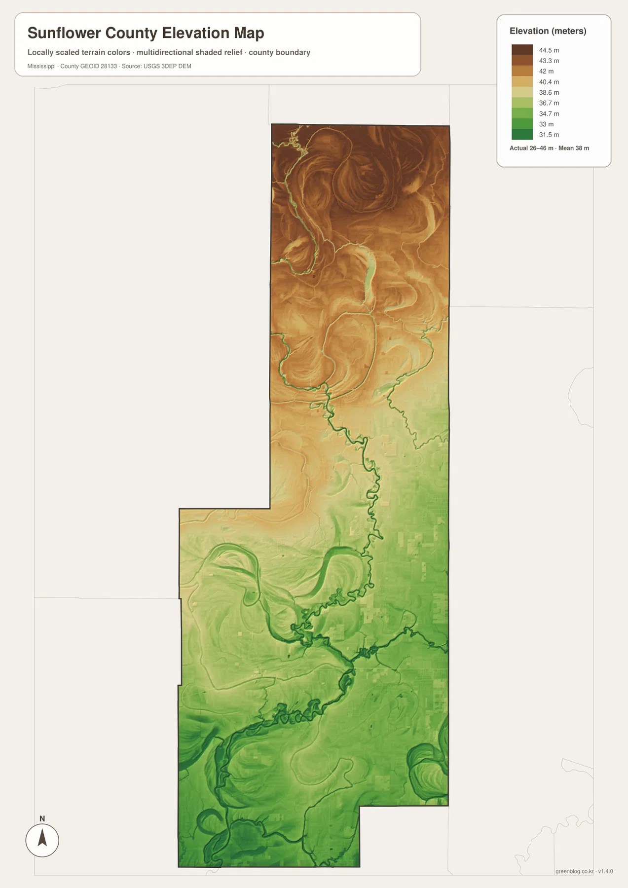 Sunflower County elevation map showing an actual range of about 26 to 46 meters across the Mississippi Delta
