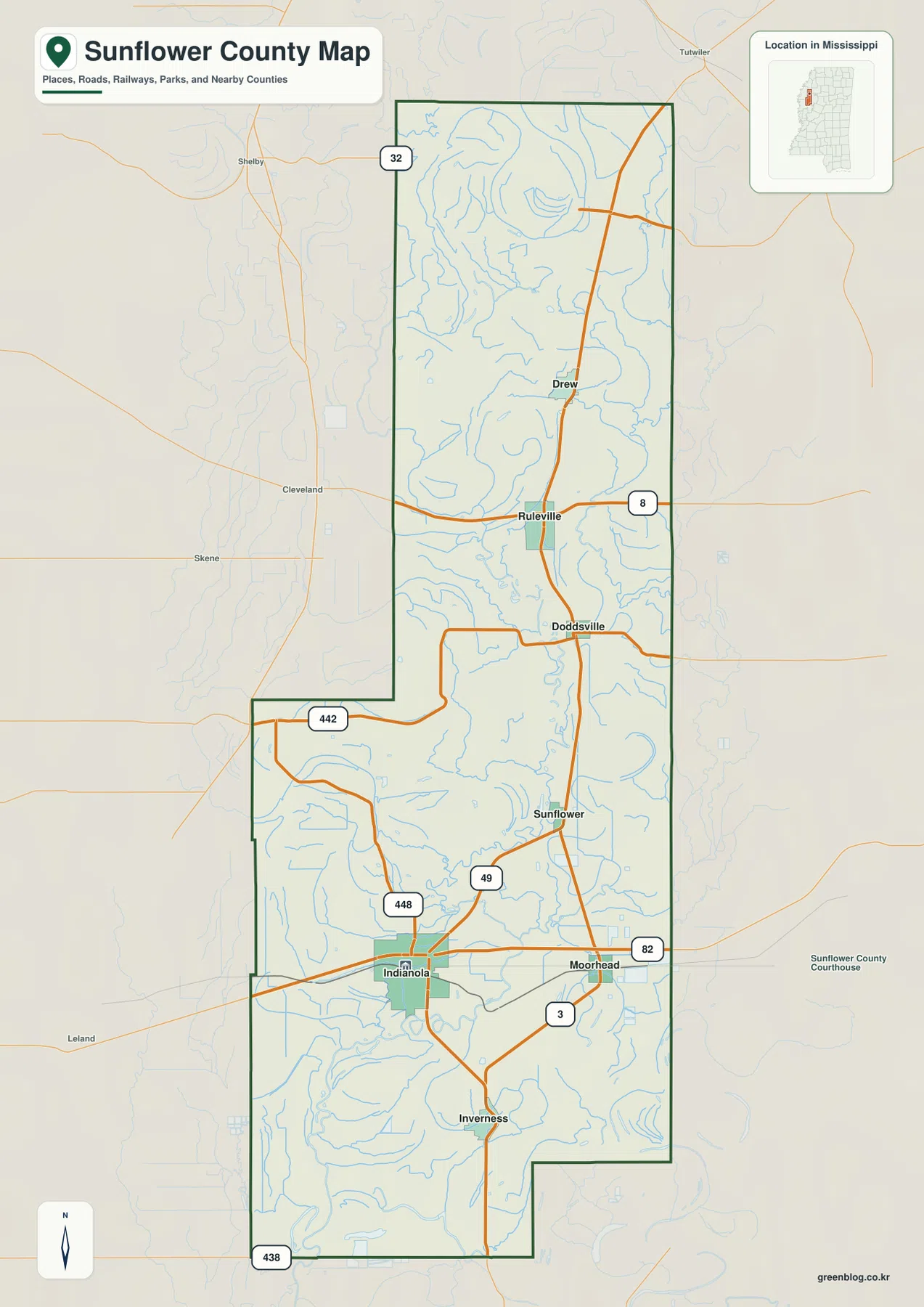 Sunflower County Mississippi map showing Indianola, Ruleville, Drew, US 49W, US 82, and major roads