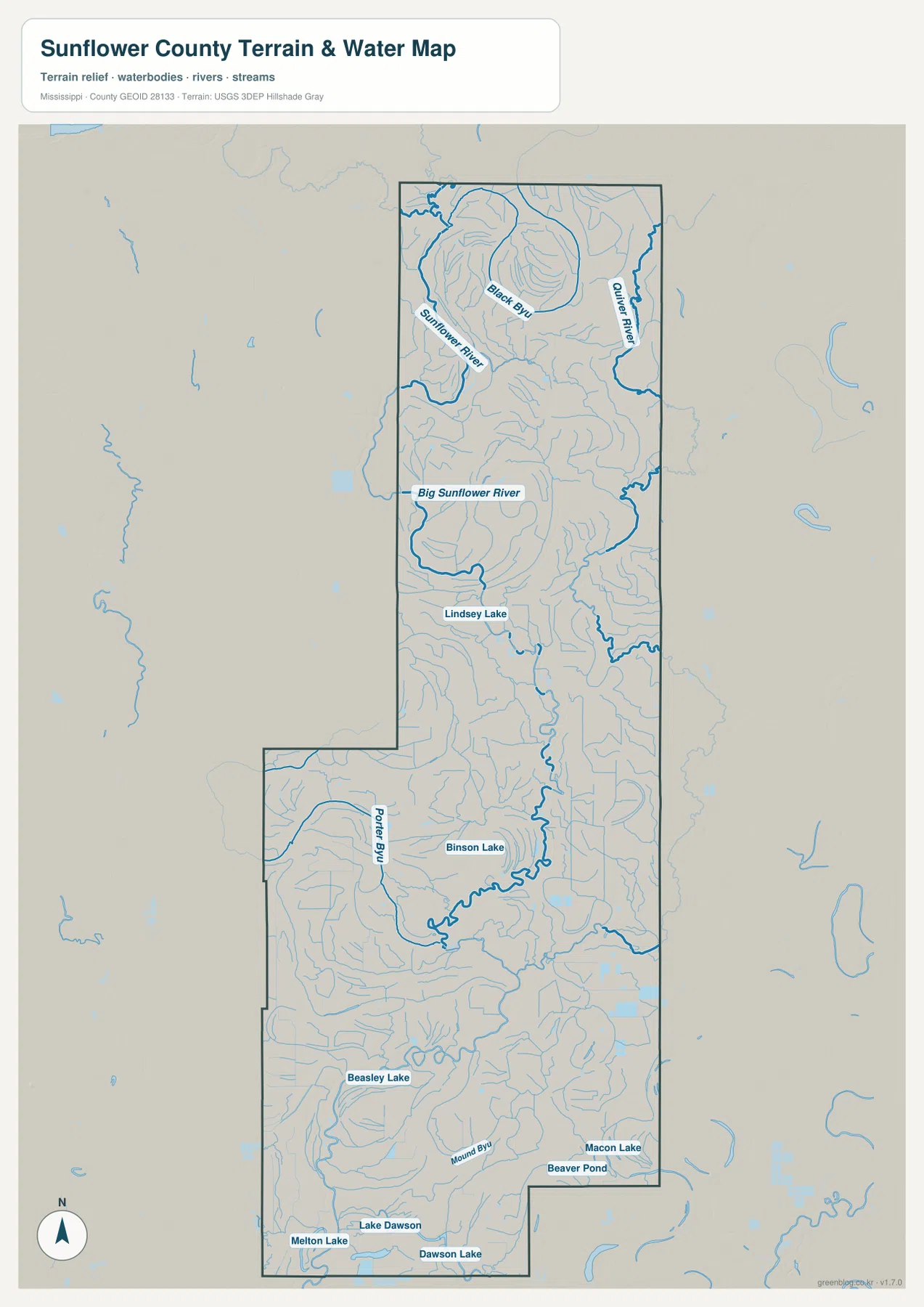 Sunflower County water map showing Big Sunflower River, Quiver River, Porter Bayou, and lakes
