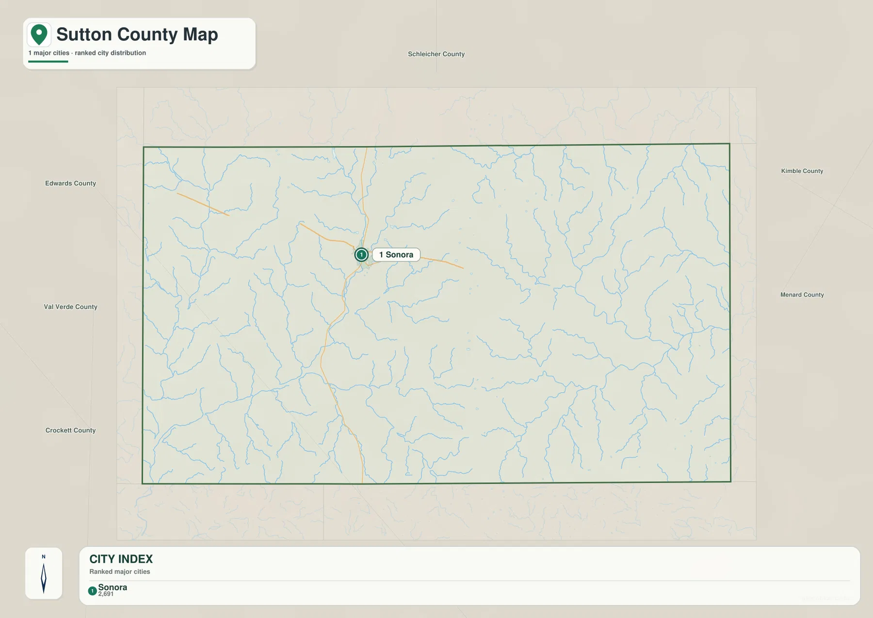 Sutton County city map highlighting Sonora as the single ranked major city