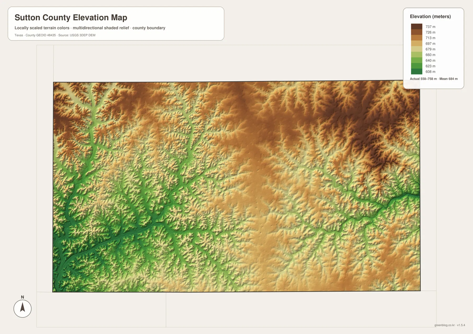 Sutton County elevation map showing an actual range of about 558 to 758 meters and a mean of 684 meters