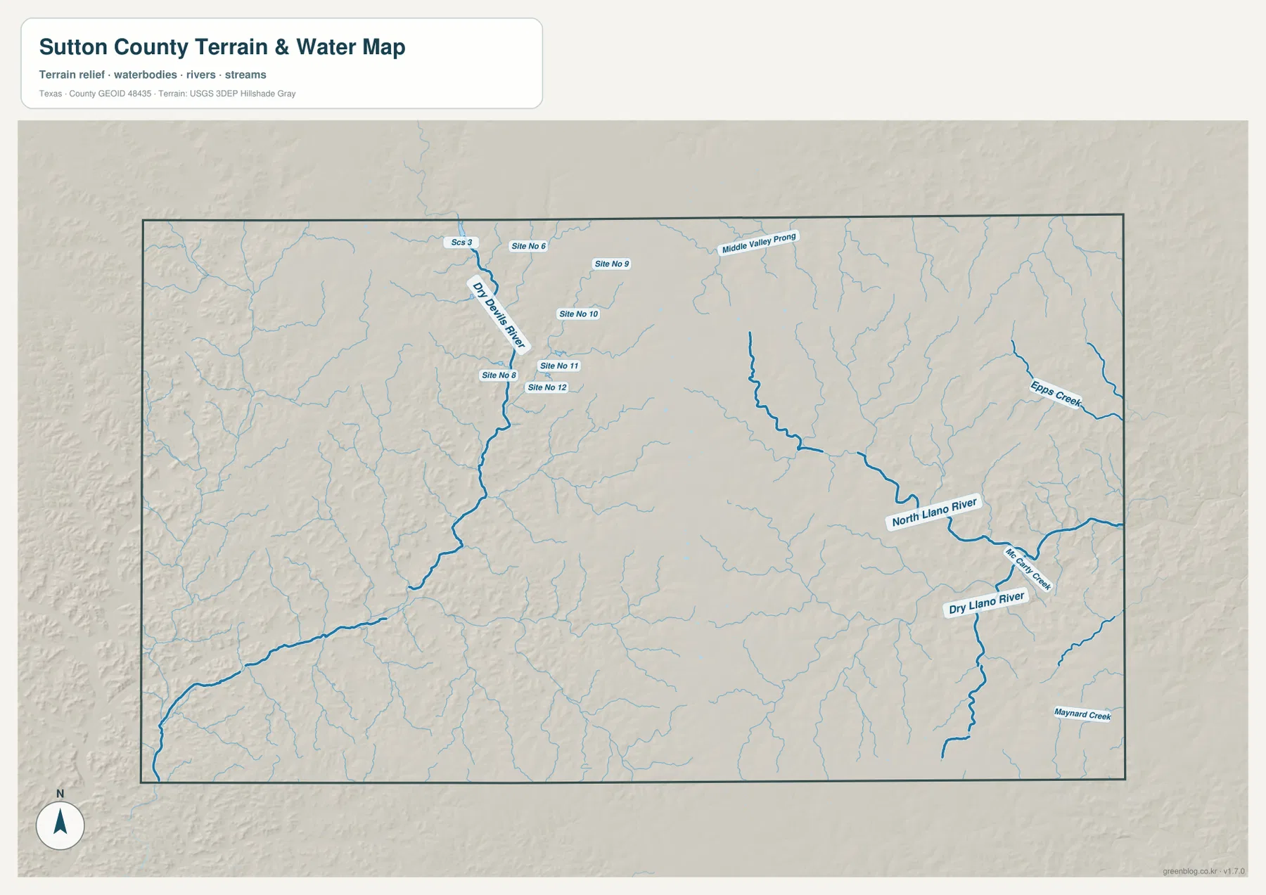 Sutton County water map showing Dry Devils River, North Llano River, Dry Llano River, Epps Creek, and Maynard Creek