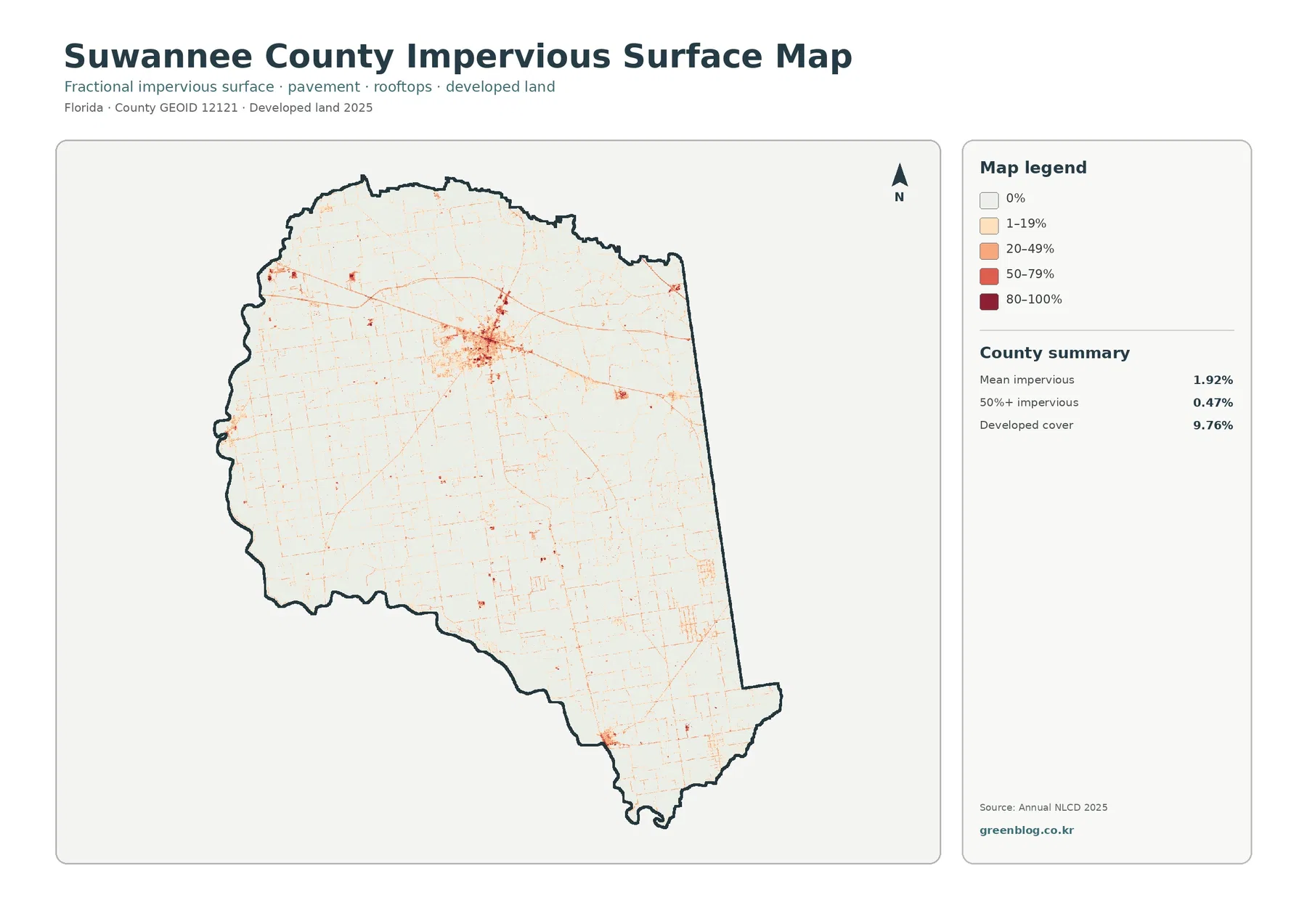 Suwannee County impervious surface and developed land map