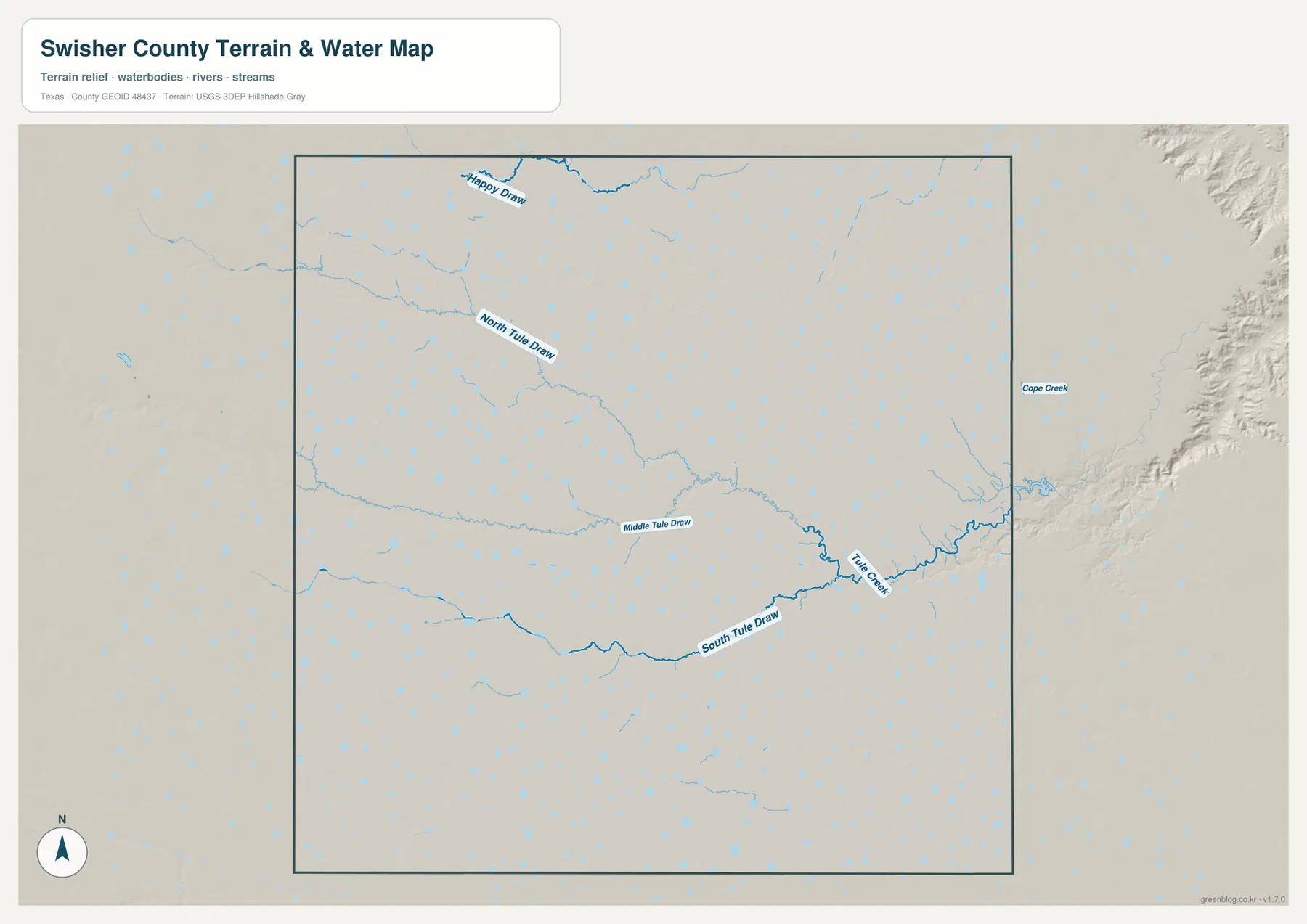 Swisher County 수역 지도에 표시된 Happy Draw, North Tule Draw, Middle Tule Draw, South Tule Draw와 Tule Creek