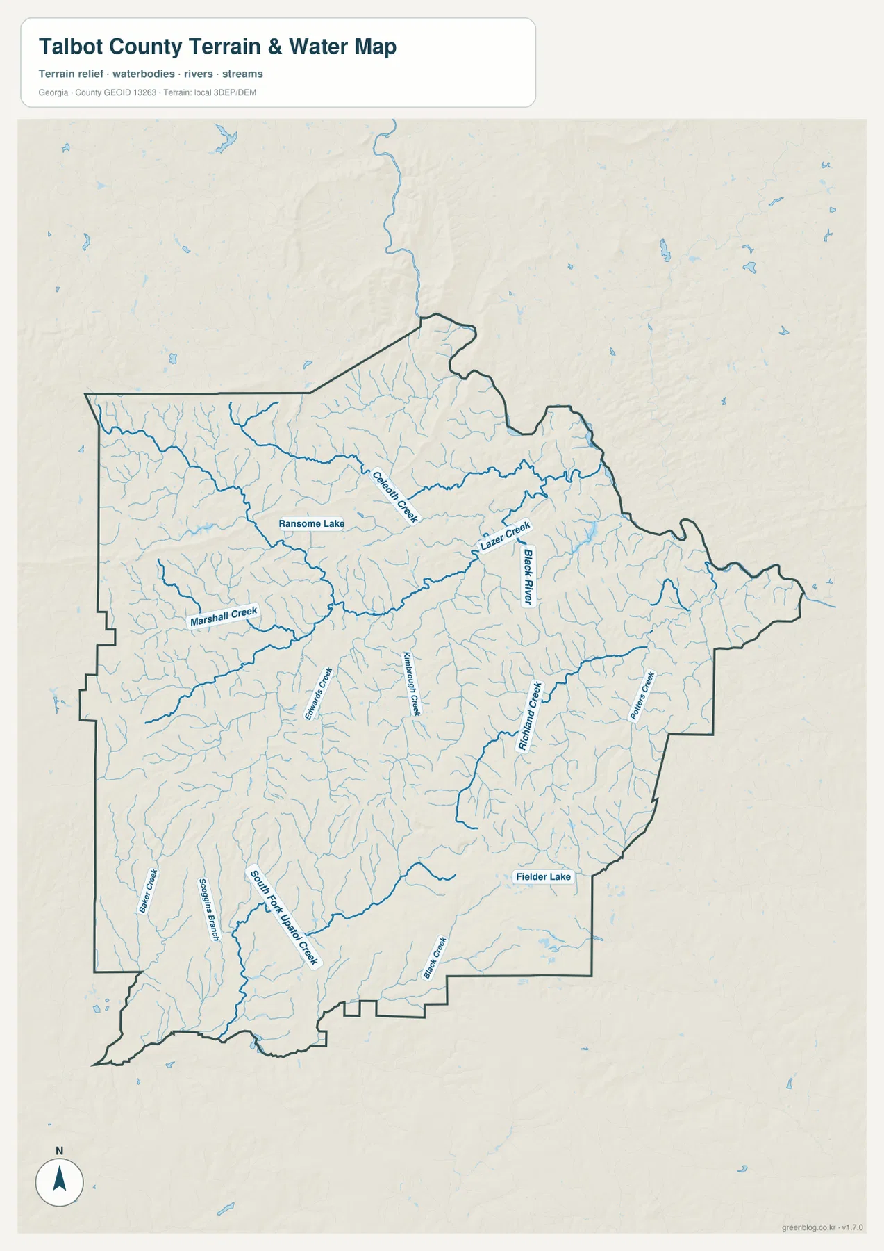 탤벗 카운티 수역 지도에 Richland Creek, Marshall Creek, Edwards Creek, South Fork Upatoie Creek와 여러 호수가 표시된 모습