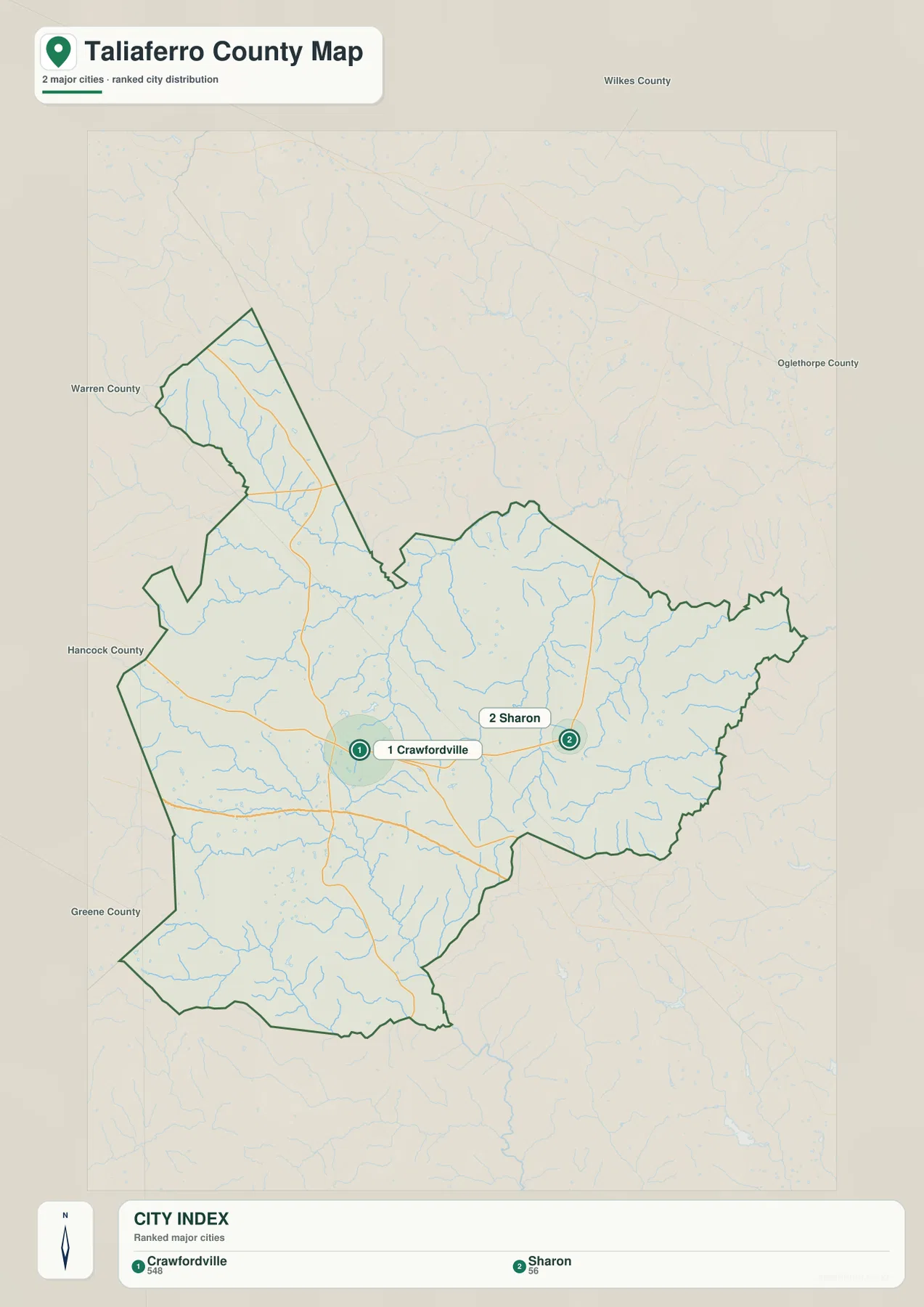 Taliaferro County city map highlighting Crawfordville and Sharon as the two ranked major cities